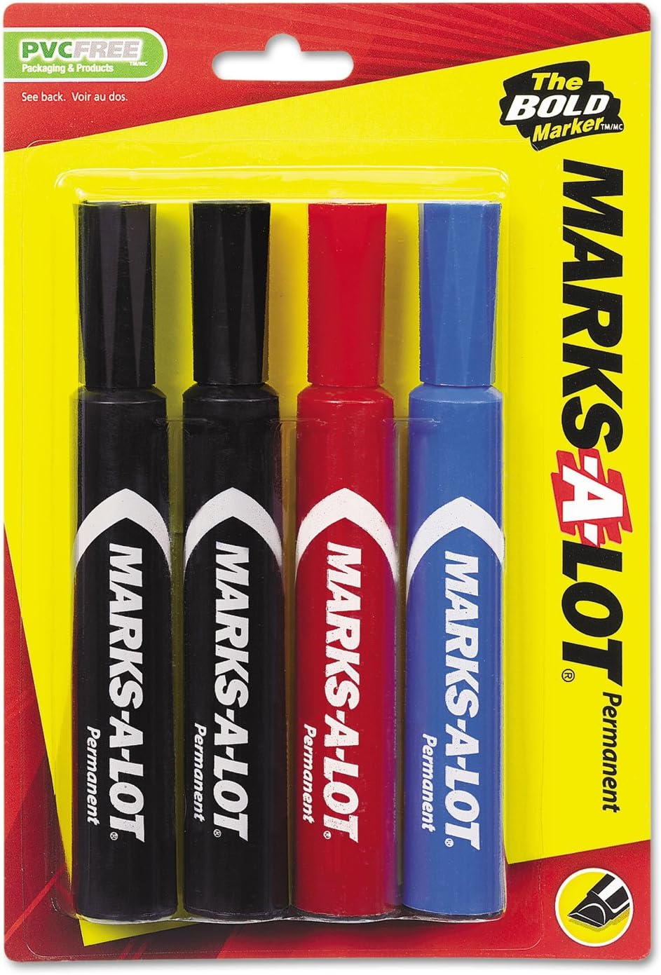Avery Marks A Lot Permanent Markers, Regular Desk-Style, Asstd, 4/PK Regular Marker Point - Chisel Marker Point Style - Black, Blue, Red - Black, Blue, Red Barrel - 4 / Pack