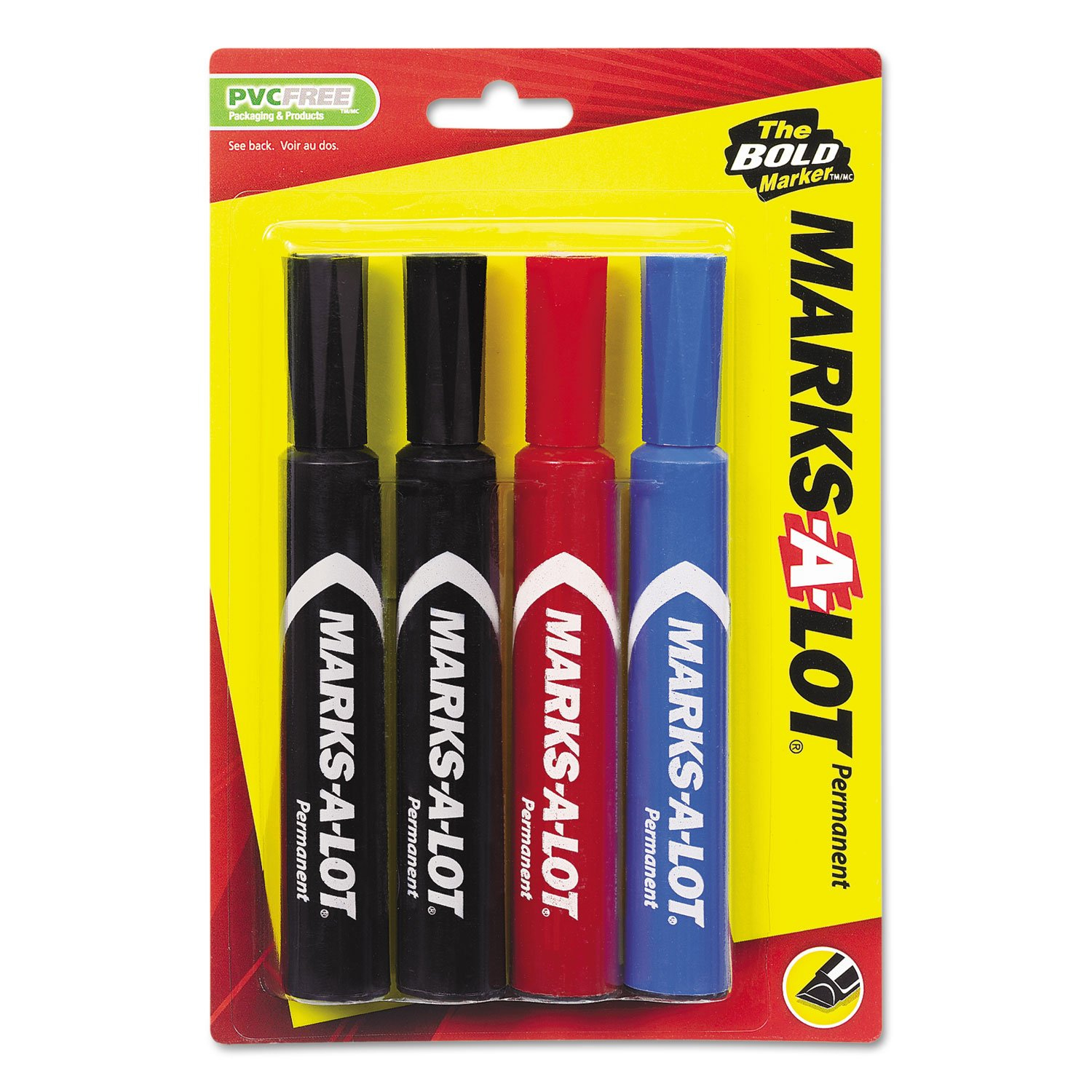 Avery Marks A Lot Permanent Markers, Regular Desk-Style, Asstd, 4/PK Regular Marker Point - Chisel Marker Point Style - Black, Blue, Red - Black, Blue, Red Barrel - 4 / Pack