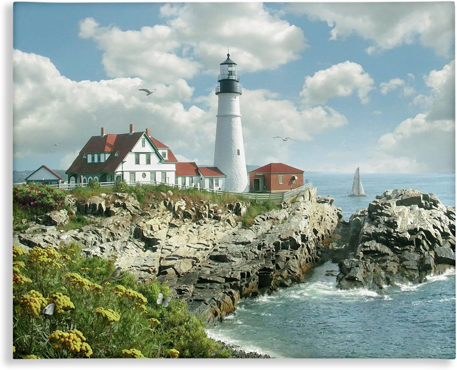 The Stupell Home Decor Collection Portland Head Lighthouse Scene Grassy Ocean Side Peninsula with Sail Boat Canvas Wall Art