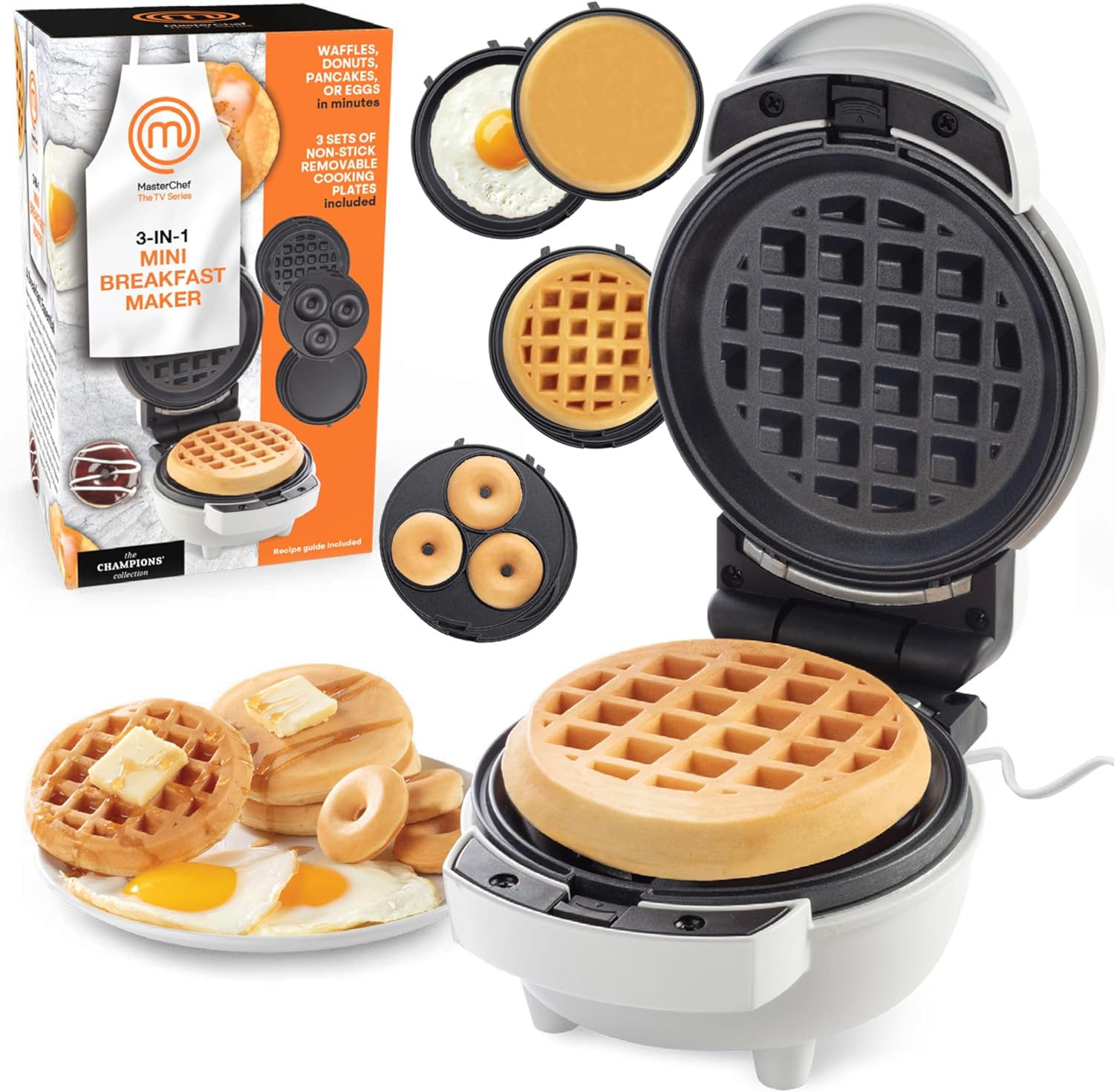 MasterChef 3-in-1 Mini Breakfast Maker- Make Eggs, Pancakes, Donuts, & Waffles and More in One Appliance! 3 Removable Non-Stick Cooking Plates for Easy Cleaning & Storing