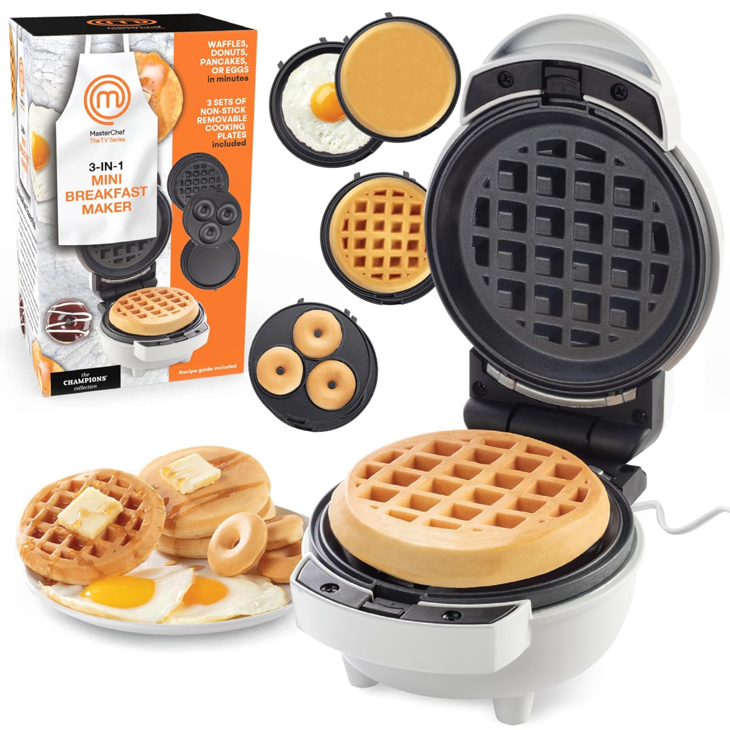 MasterChef 3-in-1 Mini Breakfast Maker- Make Eggs, Pancakes, Donuts, & Waffles and More in One Appliance! 3 Removable Non-Stick Cooking Plates for Easy Cleaning & Storing