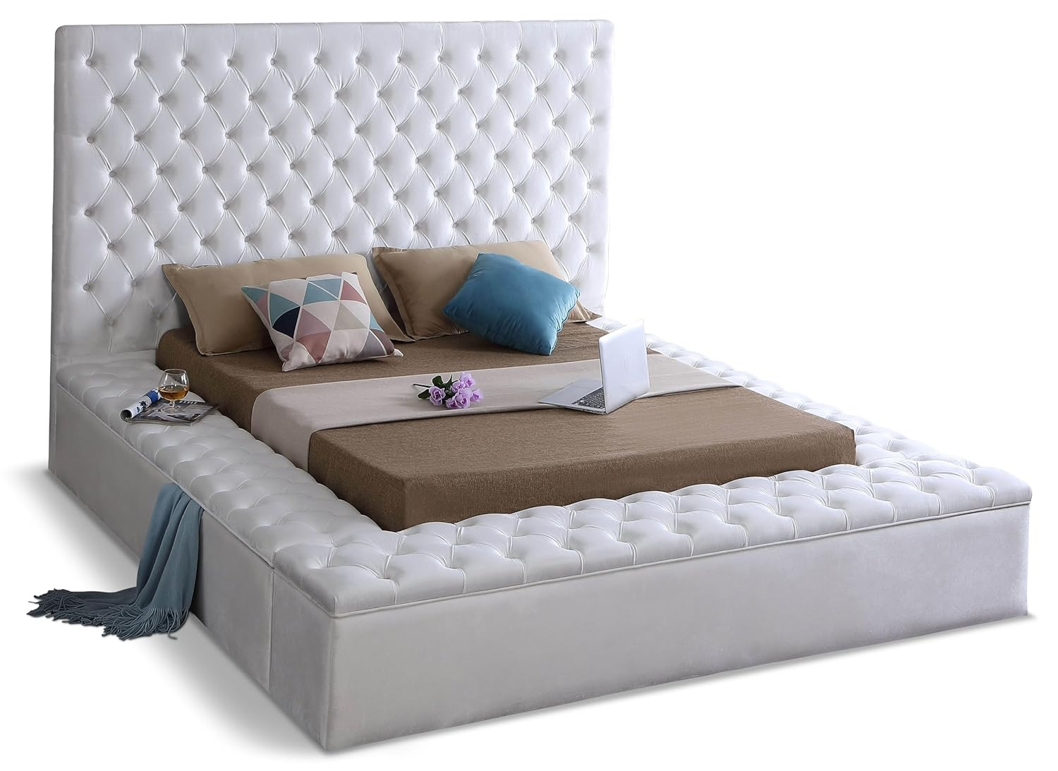 Bliss White Velvet King Bed (3 Boxes)-Color:White Velvet,Style:Contemporary
