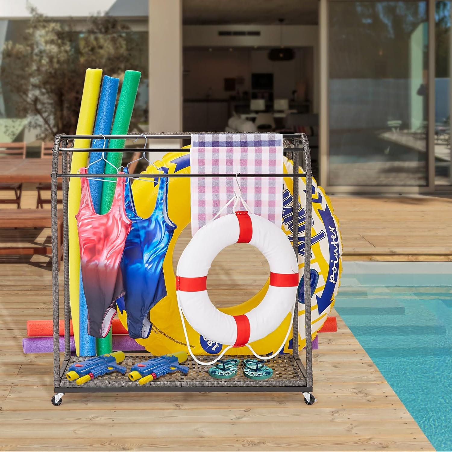 Outdoor Rattan 5-Bar Poolside Towel Rack with Storage