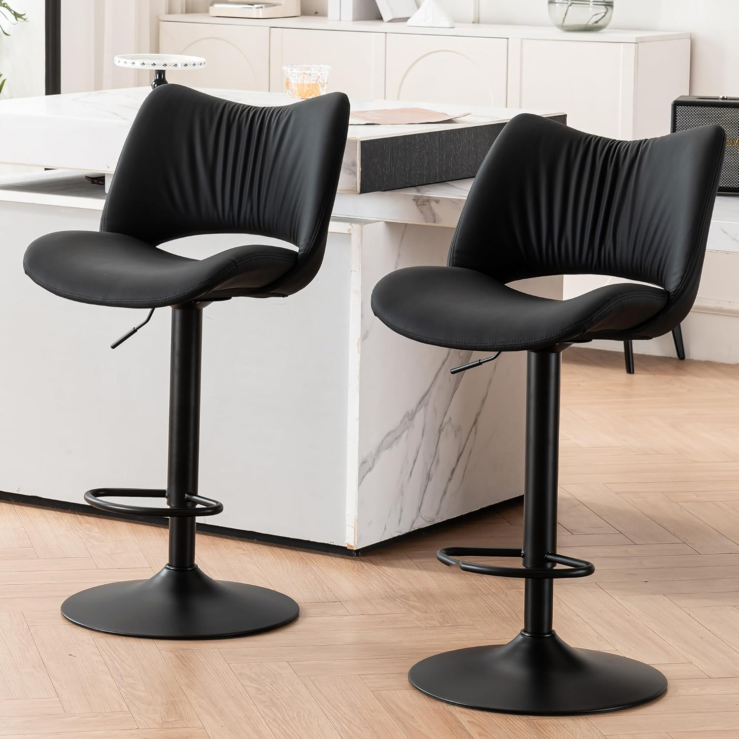 Khaki Adjustable Swivel Faux Leather Bar Stools with Metal Base