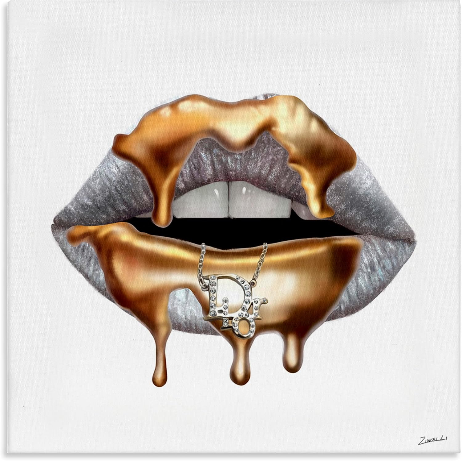 Stupell Industries Glam Silver Lip Portrait Fashion With Gold Drip Designed by Ziwei Li