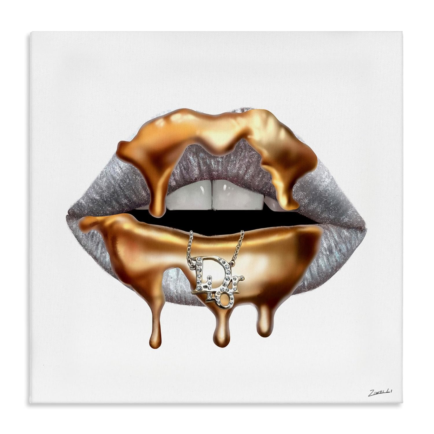 Stupell Industries Glam Silver Lip Portrait Fashion With Gold Drip Designed by Ziwei Li