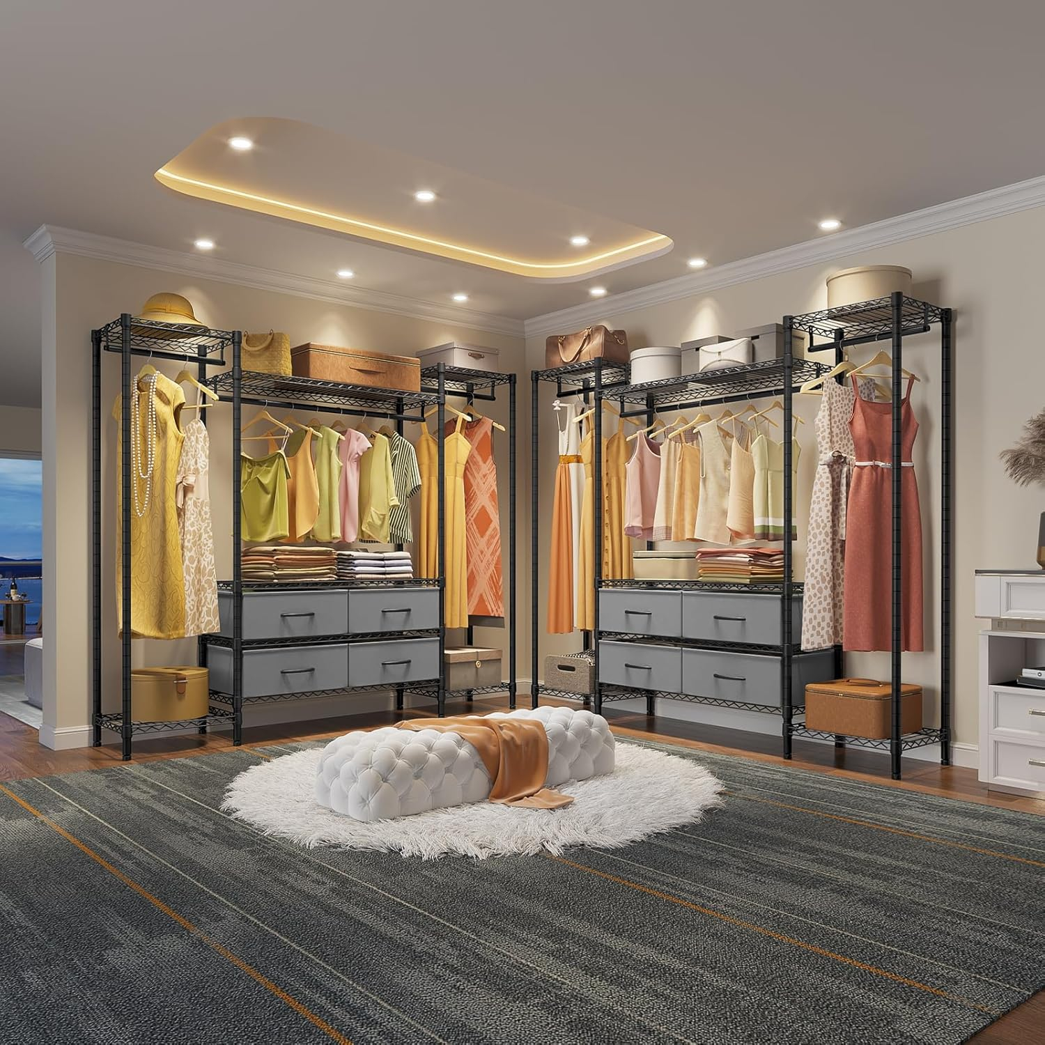 Metal Clothes Rack With 6 Shelves, 3 Hanging Rails And 4 Fabric Drawers, 56.7"L X 14.6"W X 70.9"H,
