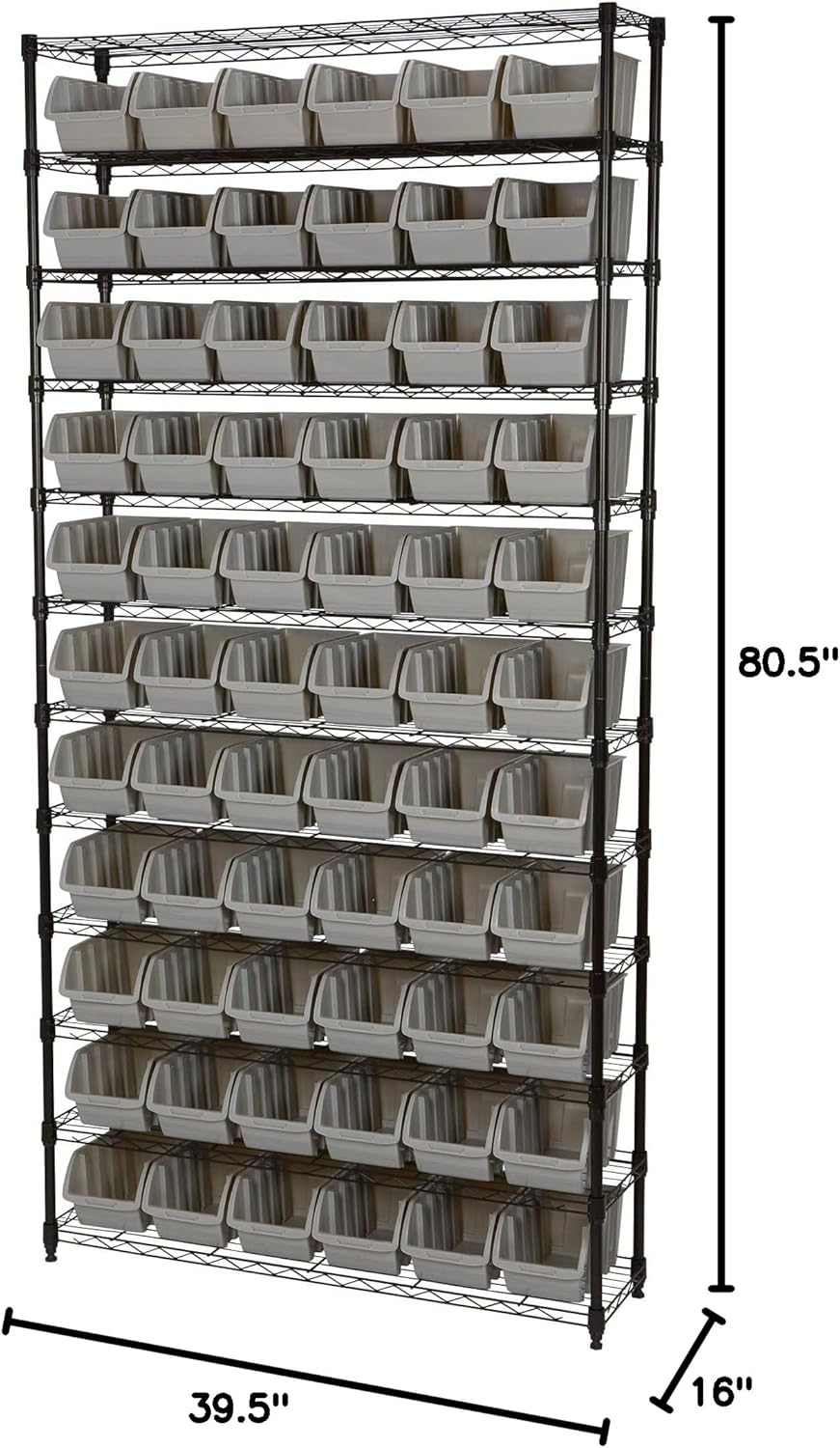 Chrome 12-Tier Shelving Unit with Gray Polypropylene Bins