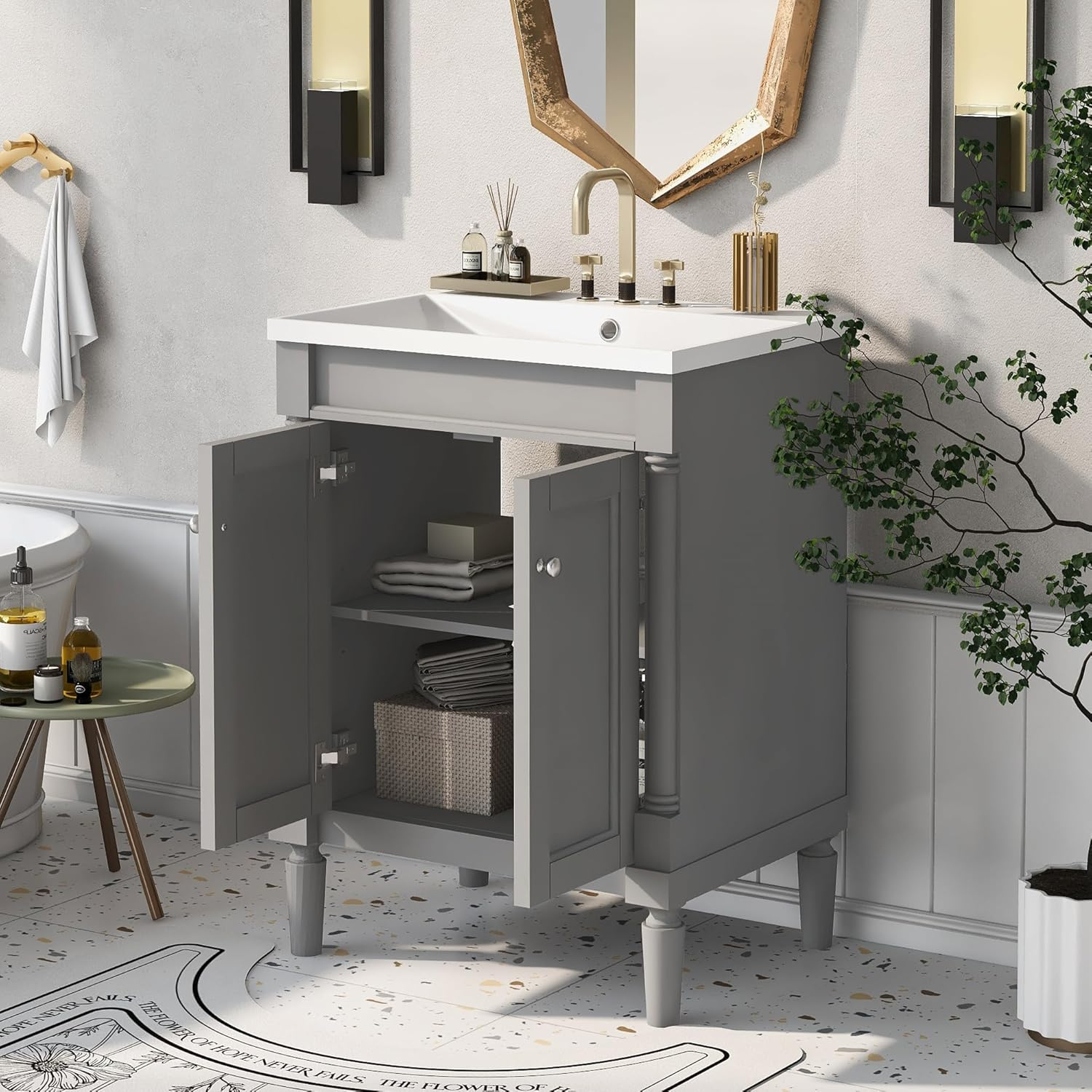 Green Shaker Style Bathroom Vanity with Tempered Glass Top