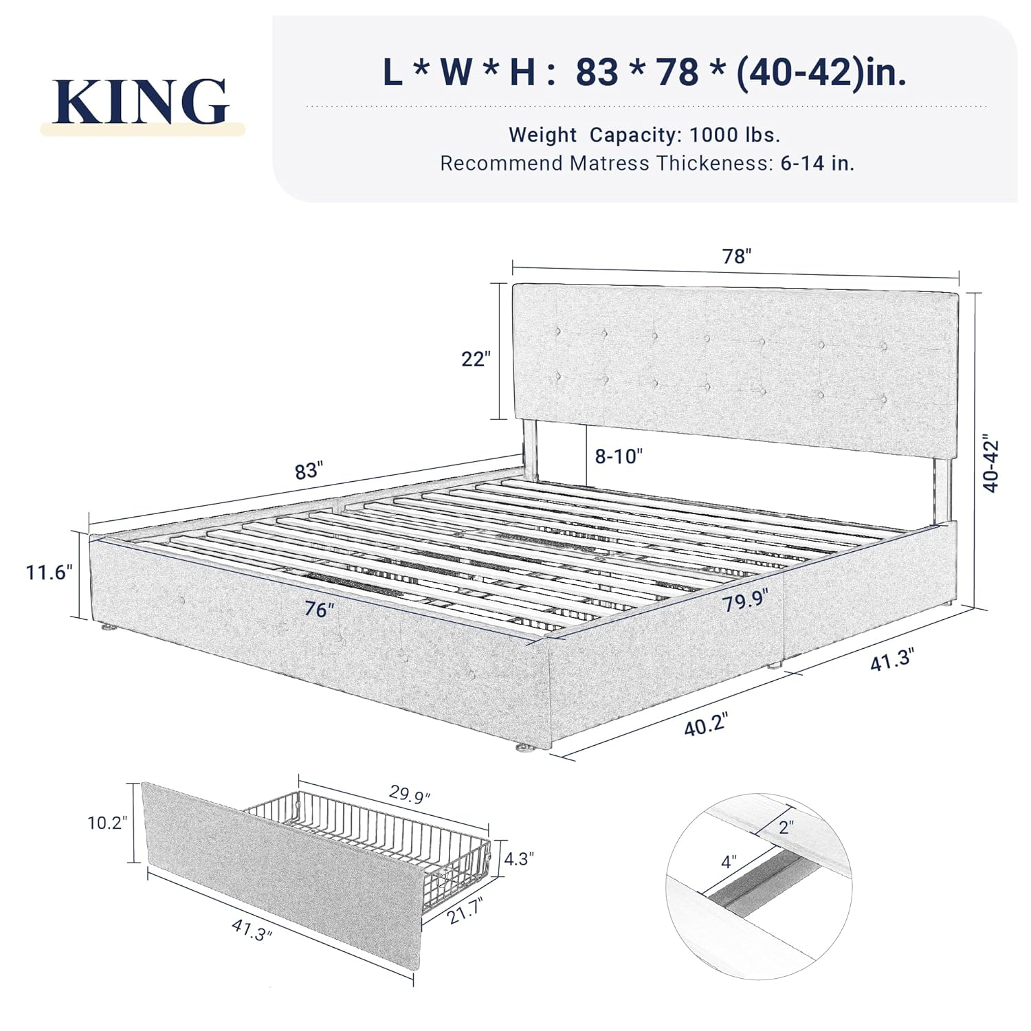 Allewie Upholstered King Size Platform Bed Frame with 4 Storage Drawers and Headboard, Square Stitched Button Tufted, Mattress Foundation with Wooden Slats Support, No Box Spring Needed, Dark Grey