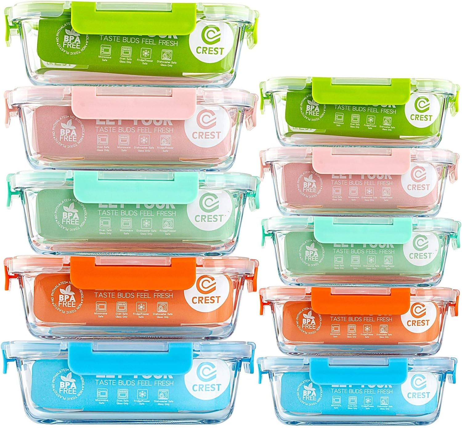 C CREST [10-Pack Glass Food Storage Containers (A Set of Five Colors), Meal Prep Containers with Lids for Kitchen, Home Use - Airtight Glass Lunch Boxes