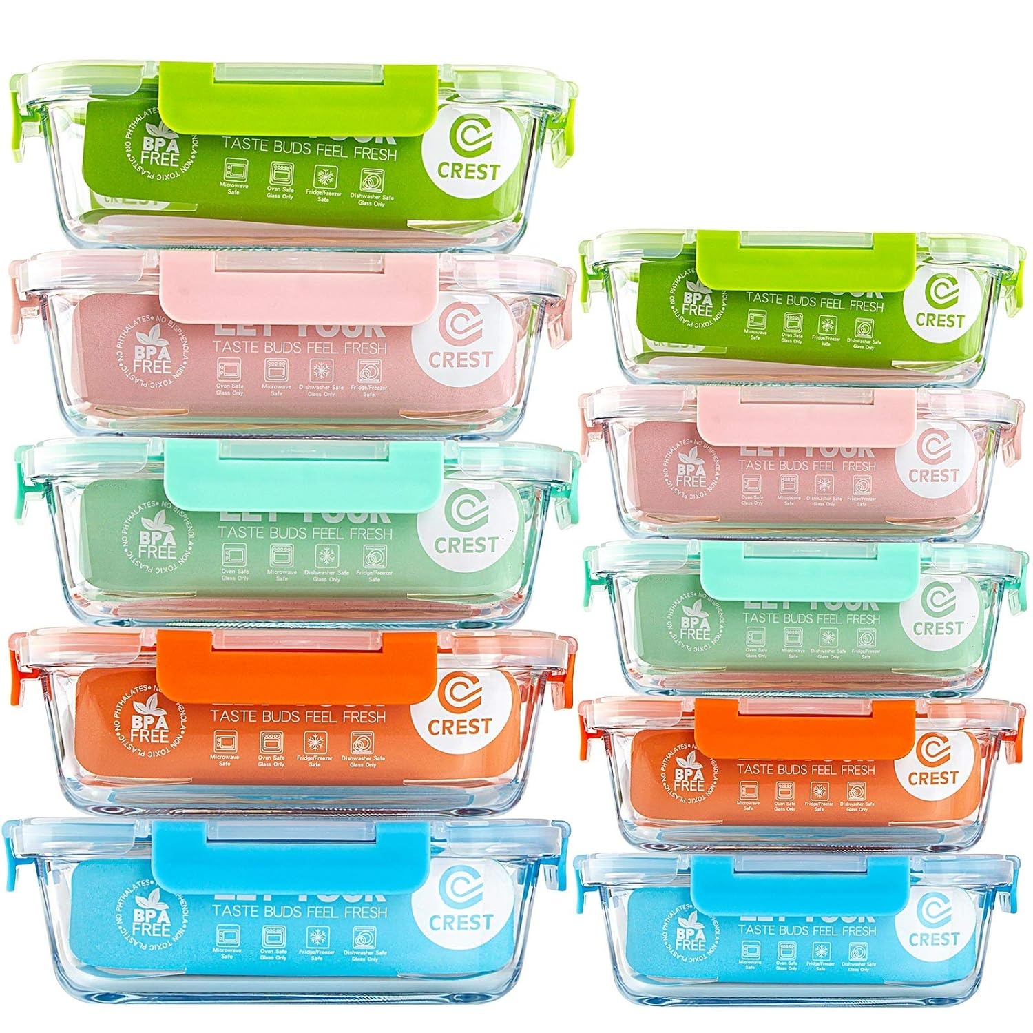 C CREST [10-Pack Glass Food Storage Containers (A Set of Five Colors), Meal Prep Containers with Lids for Kitchen, Home Use - Airtight Glass Lunch Boxes