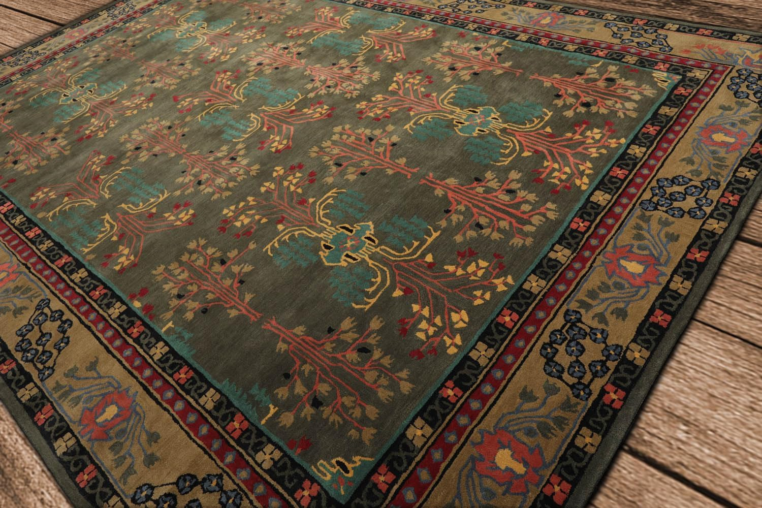 Handmade Gray and Green Wool Oriental 9' x 12' Area Rug