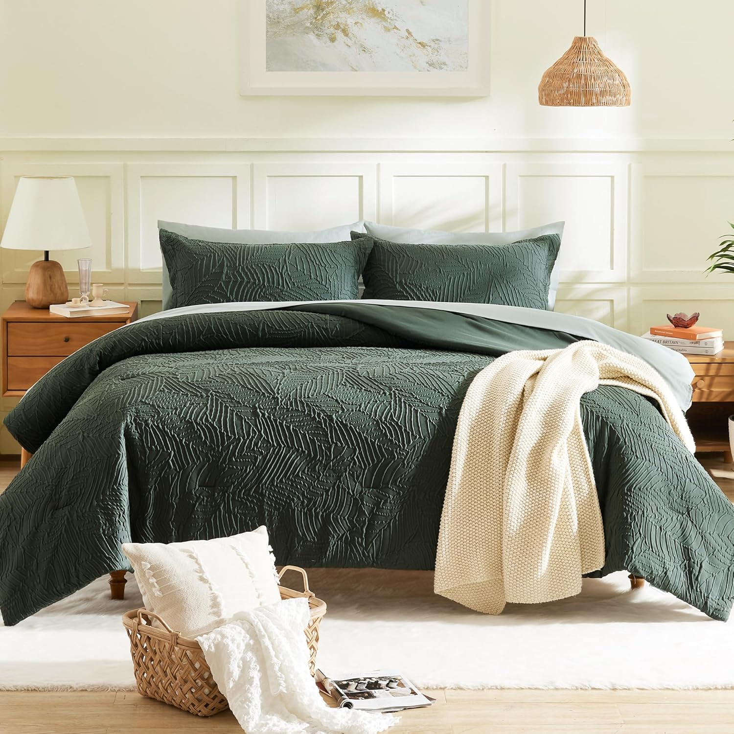 Geniospin Queen Comforter Set - 7 Pieces Dark Green Bedding Set, Botanical Textured Comforter Bed Set, All Season Lightweight Bed in a Bag with Comforter, Sheets, Pillowcases & Shams