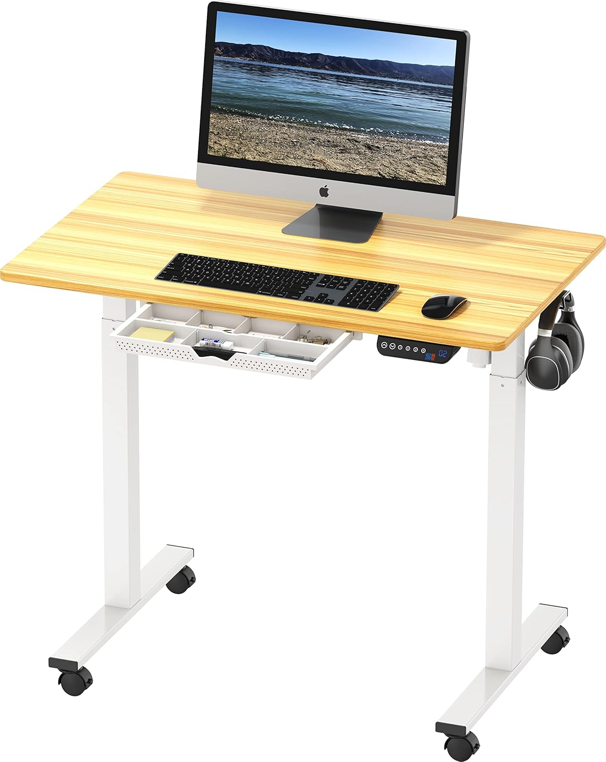 SHW 40-Inch Mobile Electric Height Adjustable Sit to Stand Desk with Drawer, Hanging Hooks and Cable Management, Oak