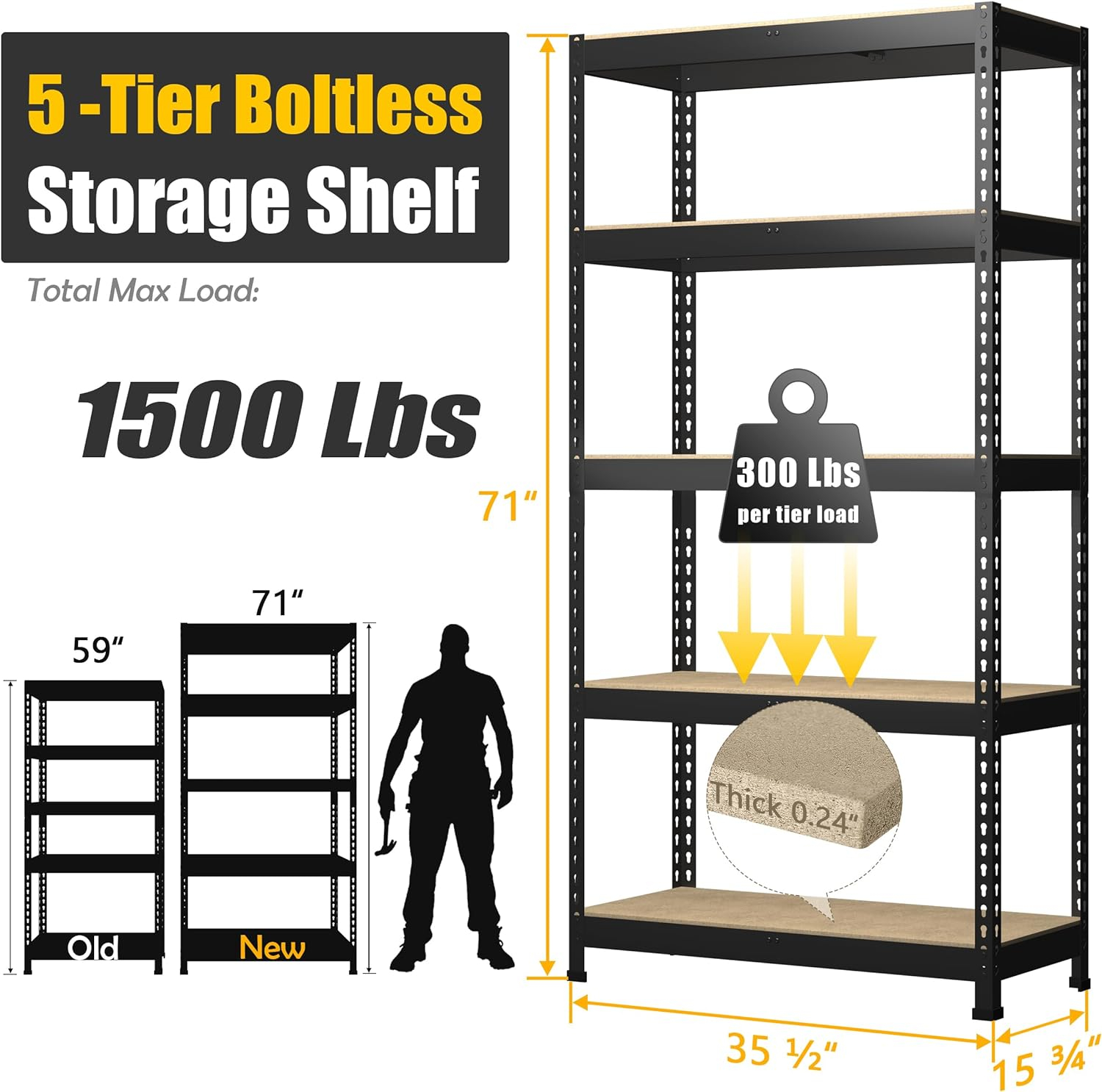 PrimeZone Heavy Duty Black Metal 5-Tier Adjustable Storage Shelves