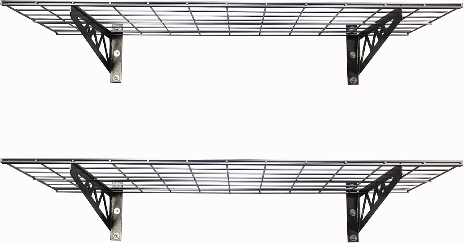 MonsterRax Garage Wall Shelf Two-Pack White or Hammertone Three Size Options Includes Bike Hooks 500lb Weight Capacity (Hammertone, 18"x48")