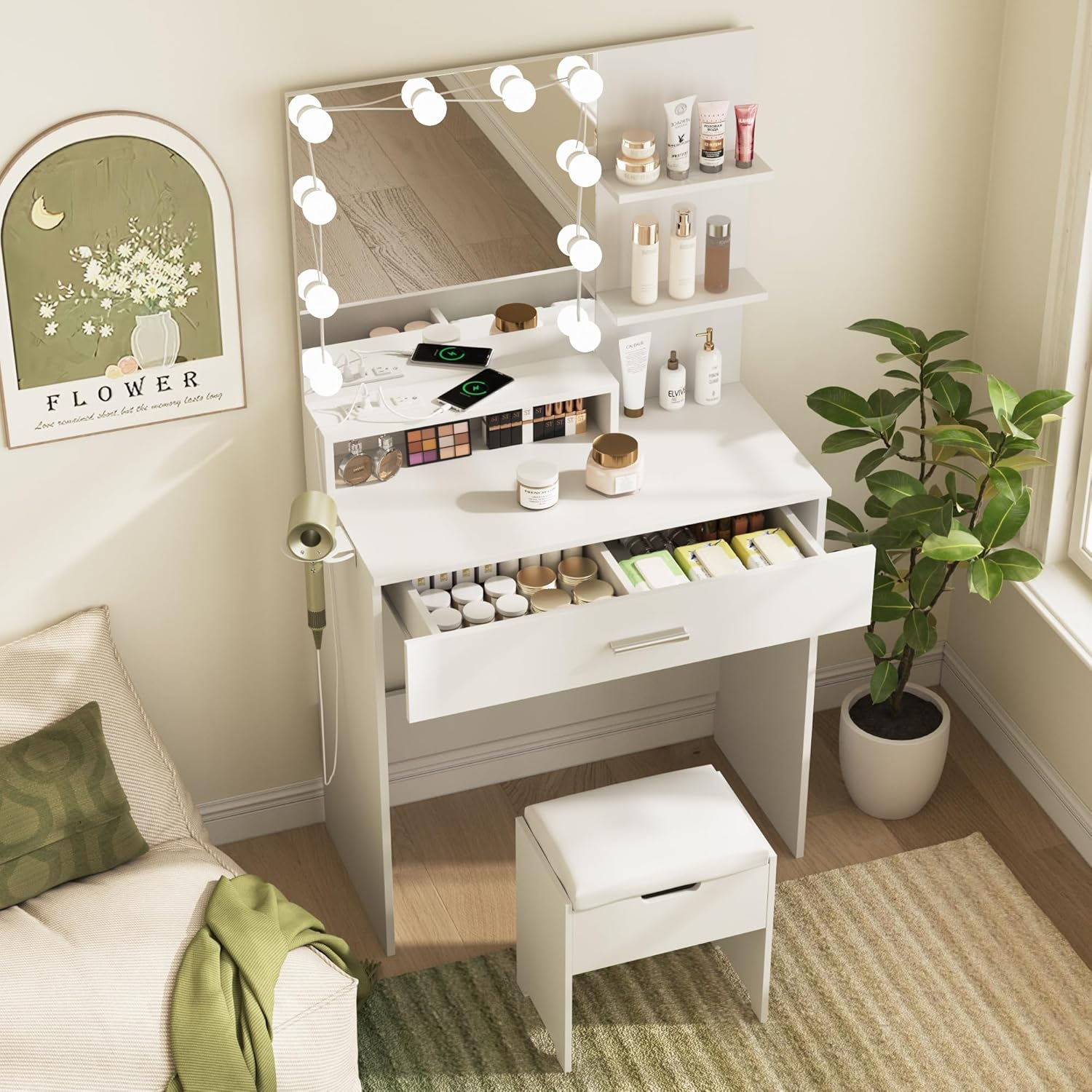Vabches Small Vanity Desk with Mirror and Lights, Makeup Vanity with Storage Chair & Power Strip,Girl Dressing Table Set with Drawer for Bedroom,3 Lighting Modes,Brightness Adjustable,White