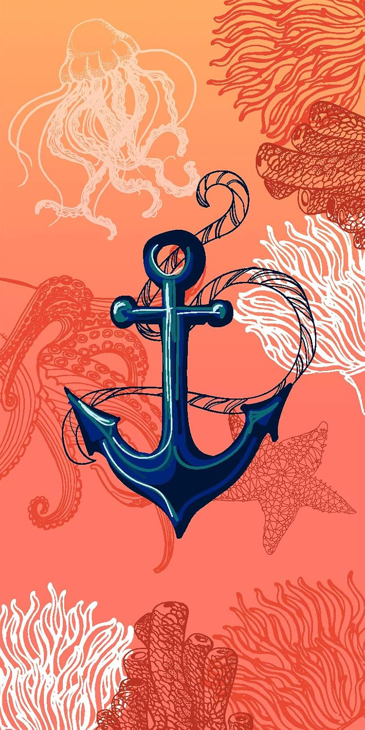 Coral and Navy Cotton Velour Beach Towel 30x60 Inches