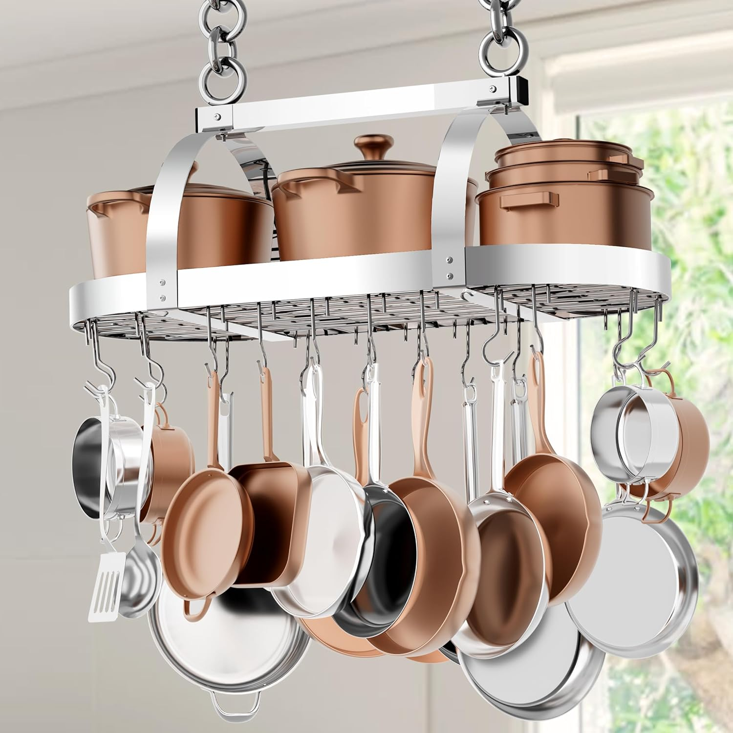 KES 34 Inch Heavy Duty Chrome Hanging Pot Rack Ceiling Mount, Oval Pot and Pan Hanging Rack, Pan Hanger for Kitchen Storage Organizer with 20 S Hooks (For 16" and 24" Ceiling Stud), KUR221S85-CH