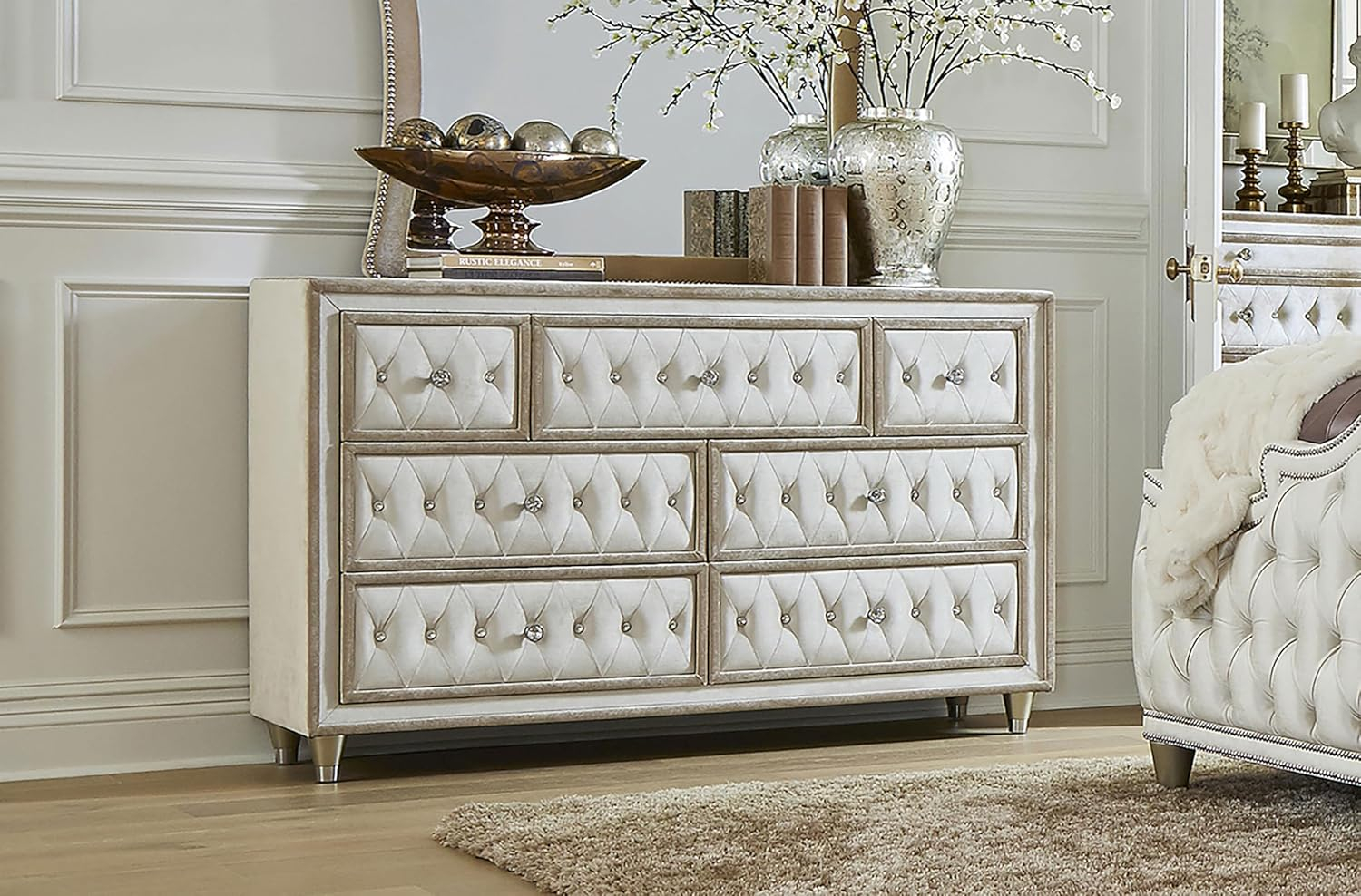 Coaster Antonella 7-Drawer Upholstered Velvet Dresser in Ivory and Camel