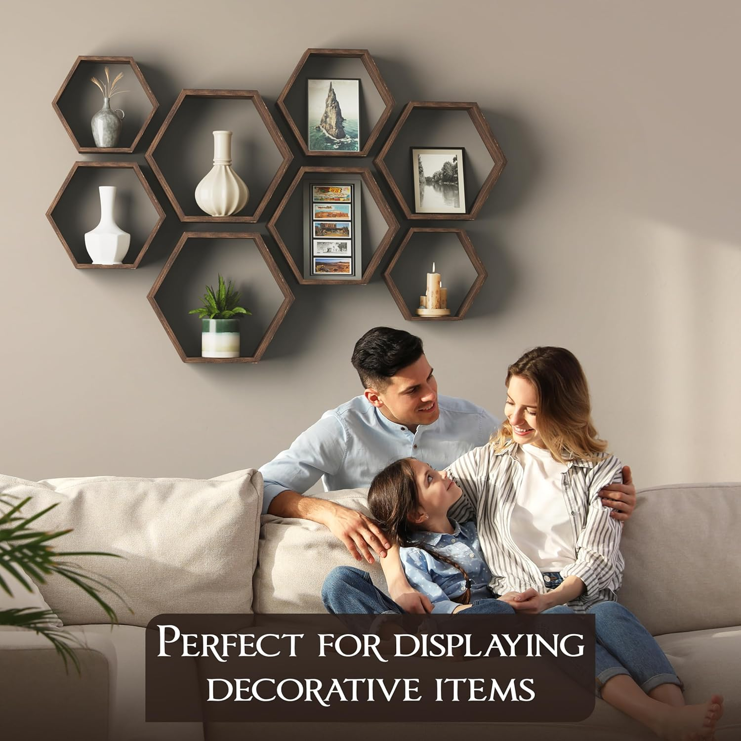 Hokku Designs Floating Shelves Set Of 8 Honeycomb Shelves For Wall,Rustic Brown