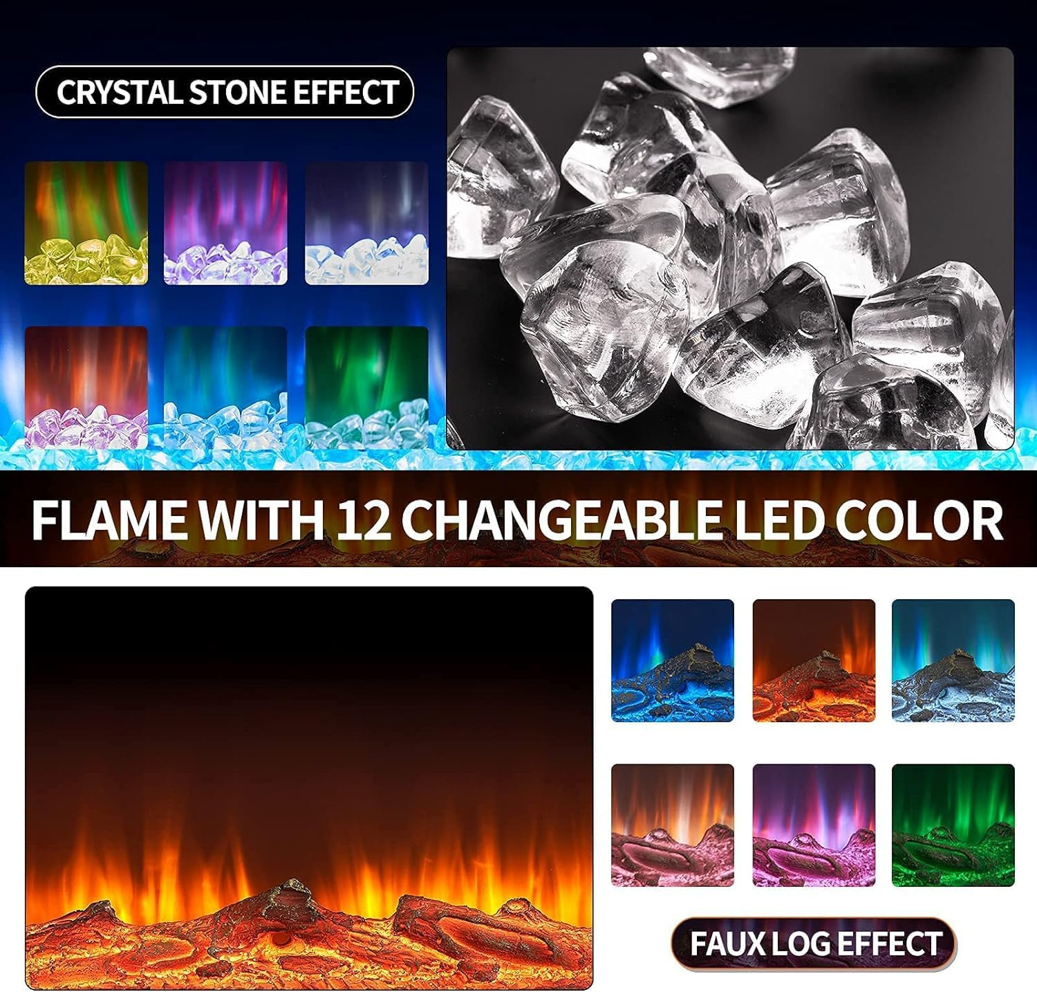oneinmil Electric Fireplace, 50 inch Wide Recessed/Wall Mounted Electric Fireplace, Remote Control with Timer 12 Adjustable Color Flame, Remote Control,with Crystal Stone, 750/1500W