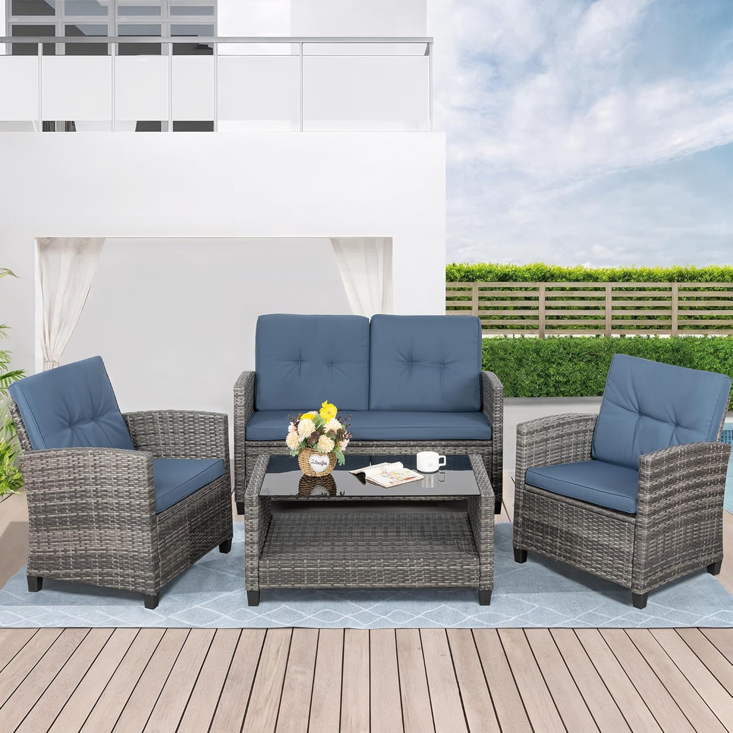 Shintenchi 4 Piece Patio Furniture Set, Outdoor Rattan Conversation Set with Coffee Table, Outside Wicker Sectional Sofa Couch with Cushion, Gray and Blue