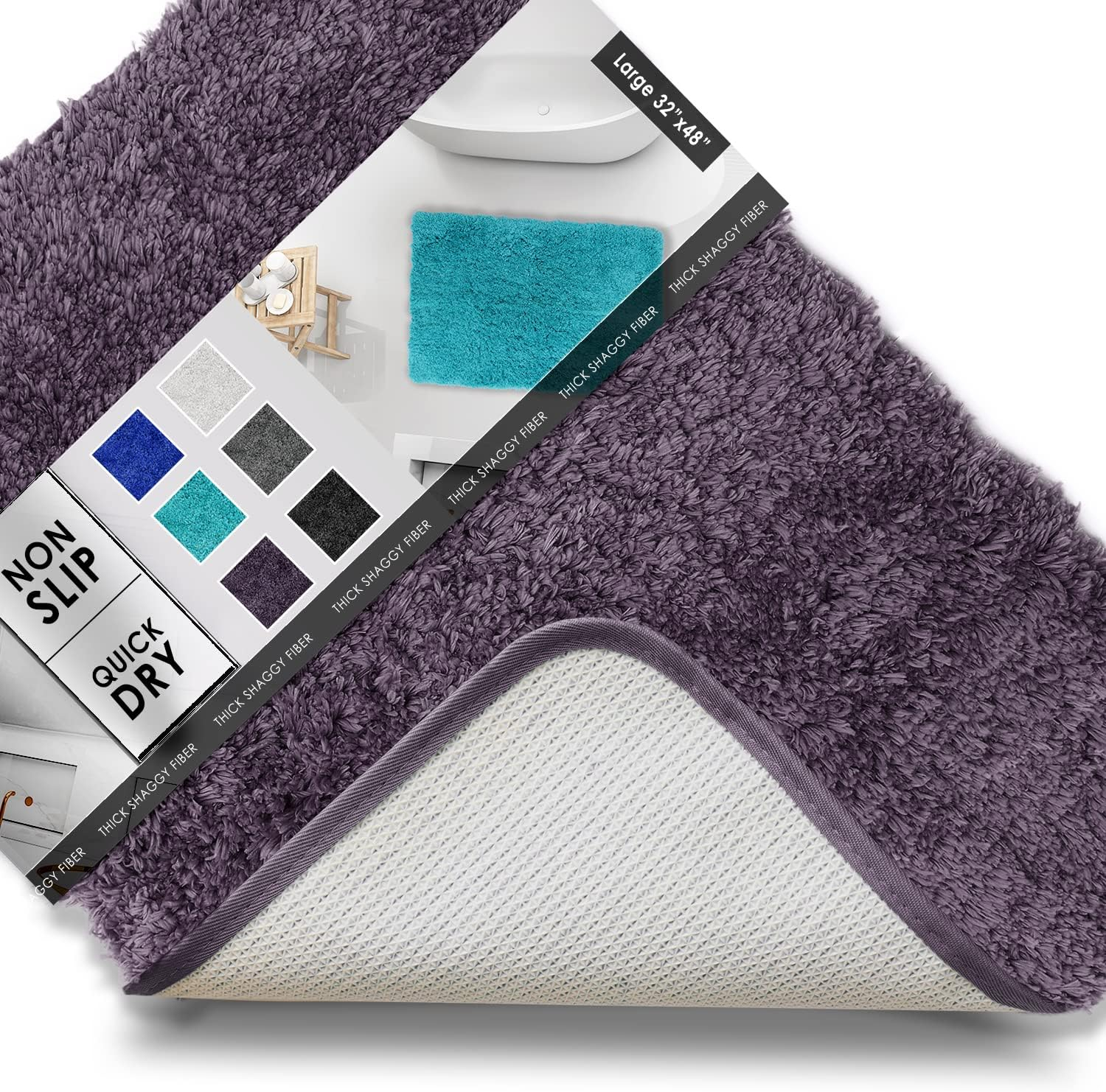 Clara Clark Shaggy Bath Rug with Non-Slip Backing Rubber - Machine Washable Super Soft Bathmat - Plush Absorbent Bathroom Rug, Large - 32 x 48, Eggplant