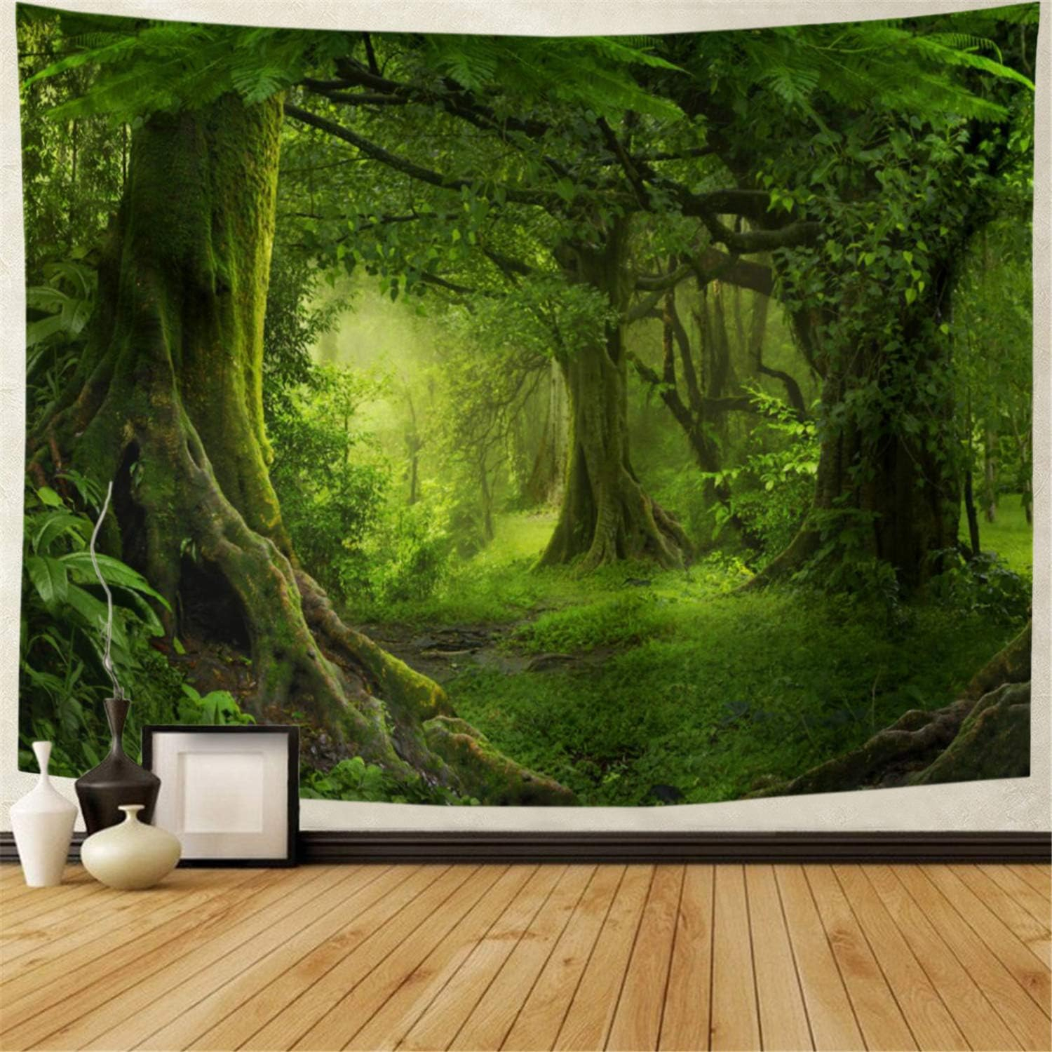 Misty Forest Tapestry Green Tree in Jungle Forest Tapestries Wall Hanging Nature Scenery Woodland Backdrop for Living Room Bedroom