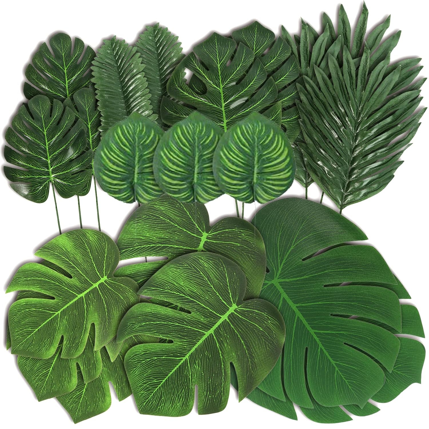 78 Pieces 7 Kinds Artificial Tropical Leaf Jungle Leaves Plant Safari Leaves Decorations for Hawaiian Party Decorations Beach Birthday Luau Party Decorations