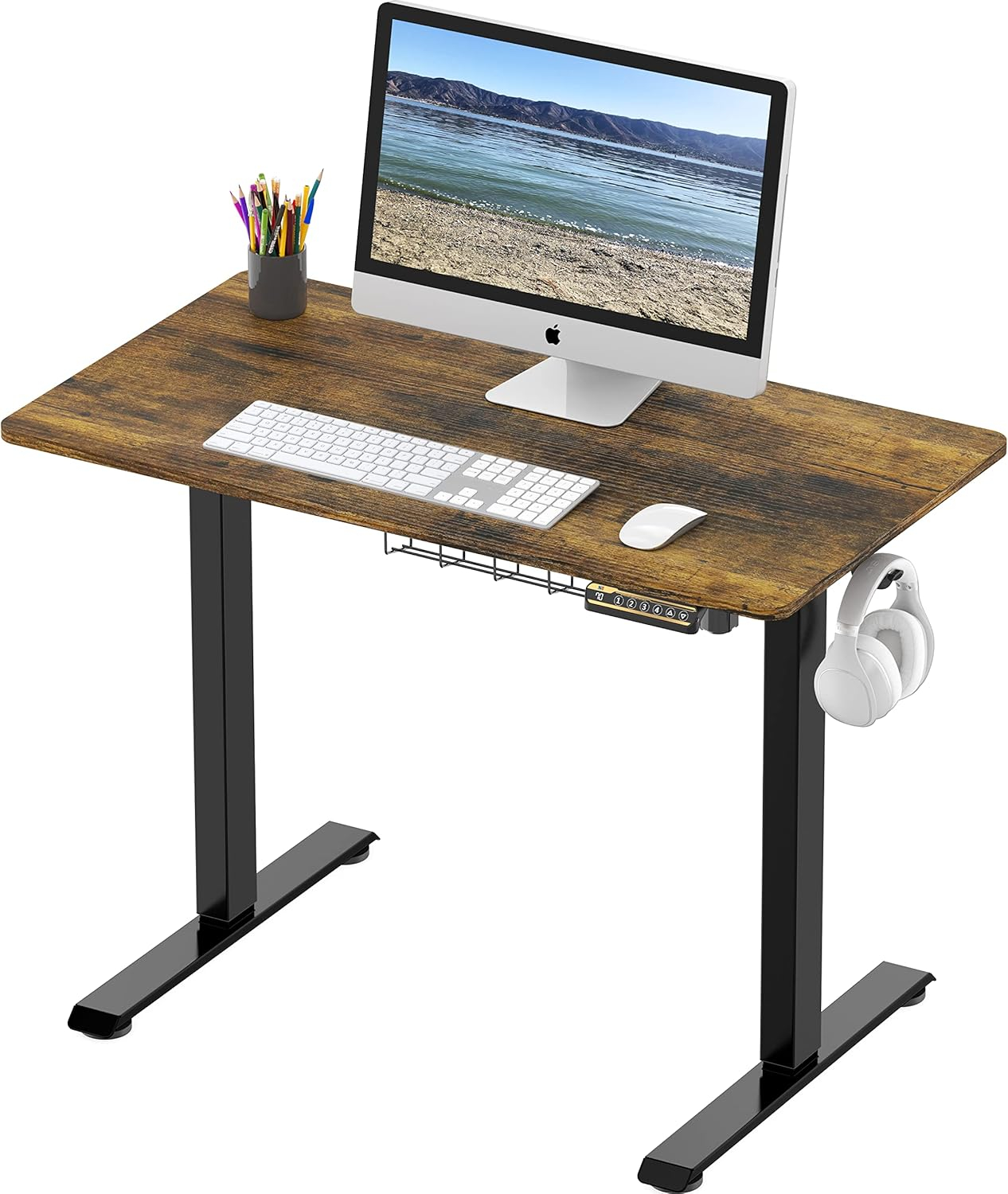 SHW 40 x 22 Inches Electric Height Adjustable Sit to Stand Desk with Hanging Hooks and Cable Management, Black Frame and Rustic Brown Top