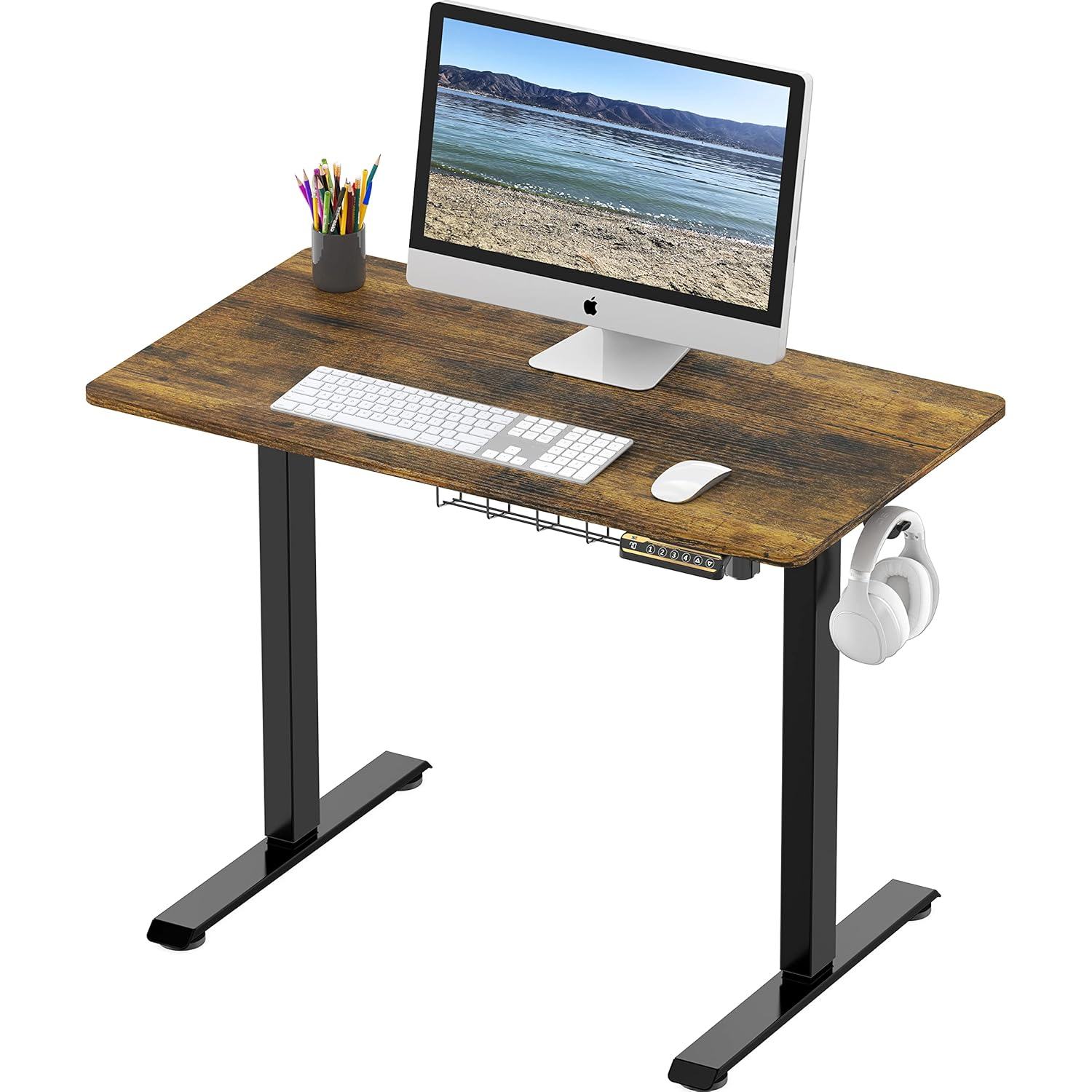 SHW 40 x 22 Inches Electric Height Adjustable Sit to Stand Desk with Hanging Hooks and Cable Management, Black Frame and Rustic Brown Top