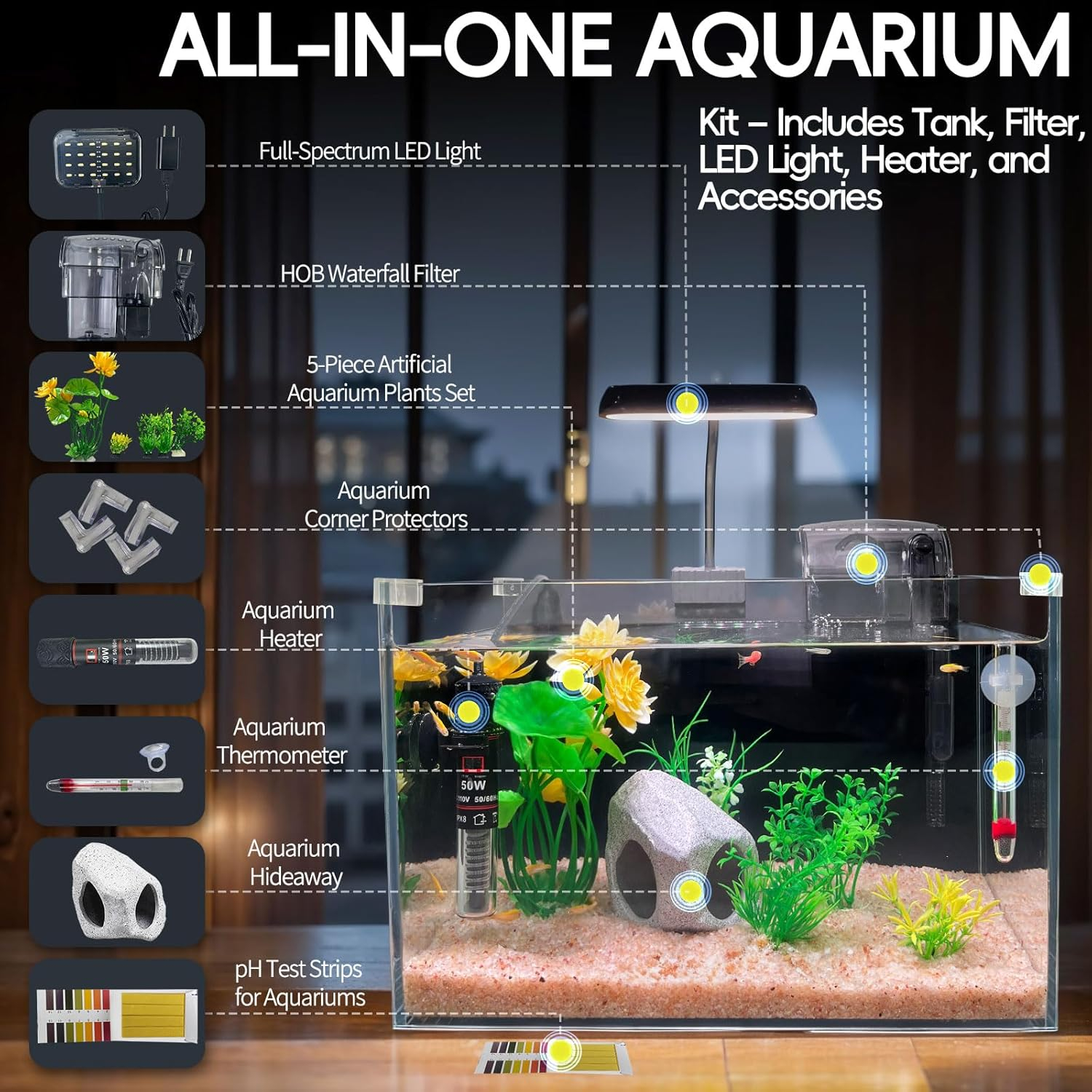 3.4-Gallon Ultra-Clear Low-Iron Glass Betta Fish Tank Kit with LED Light