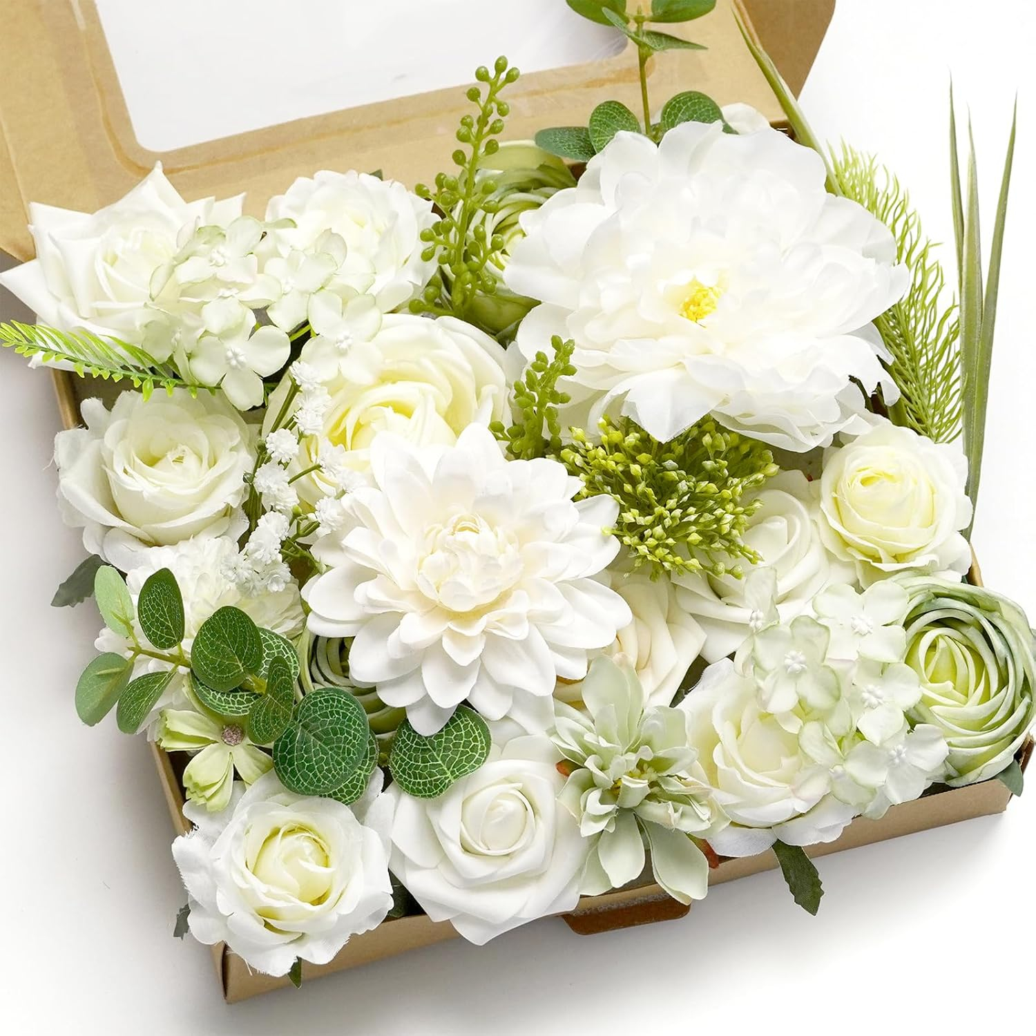 Artificial Flower Combination Box Set Artificial Flower Loose Leaves and Stems DIY Wedding Center Bouquet Bride Wedding Baby Shower（White）