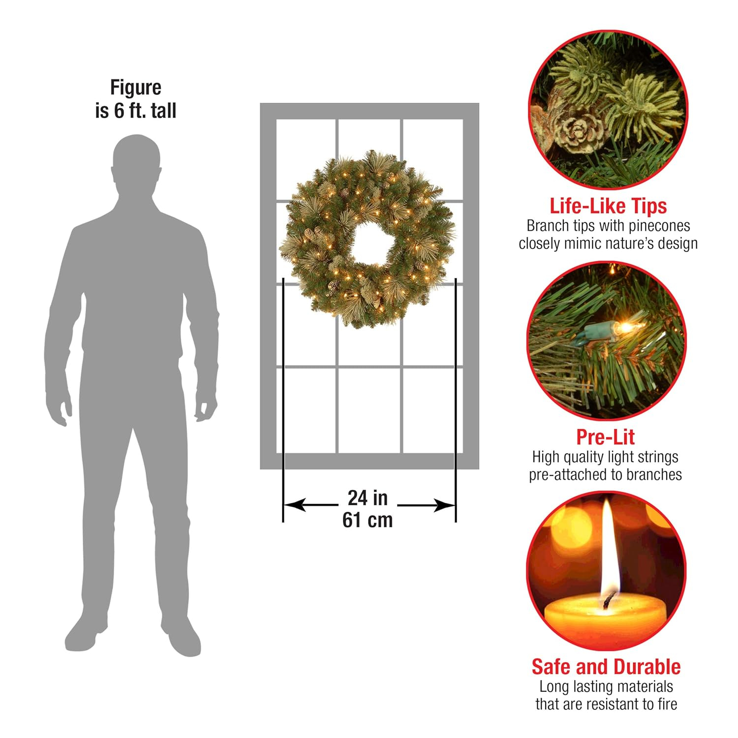 National Tree Company Pre-Lit Artificial Christmas Wreath, Green, Carolina Pine, White Lights, Decorated with Pine Cones, Christmas Collection, 24 Inches