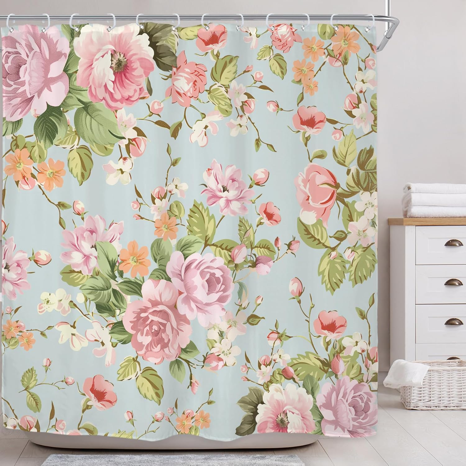Fabric Pink Flower Shower Curtain for Bathroom 72Wx72H Inch Rose Floral Blooming Green Leaves for Girl Women Bathtub Accessories Decor Rustic Waterproof Fabric Bathroom 12 Pack Hooks WW-NDHC