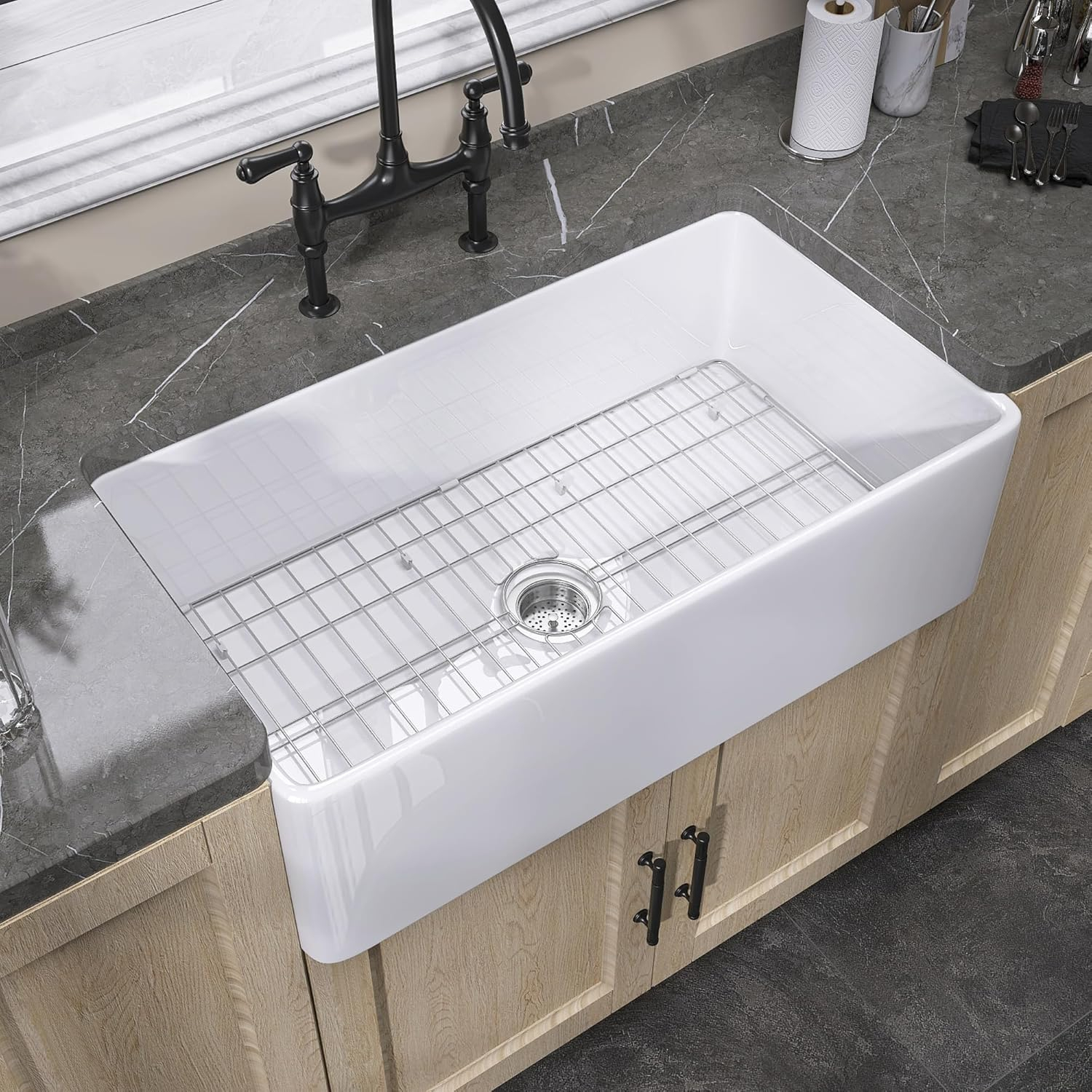 Small Farmhouse Sink 24 X18 White Fireclay Undermount Kitchen Sinks Deep Single Bowl Drop in Modern Apron Front Farm Sink For Kitchen with Protective Bottom Grid and Strainer