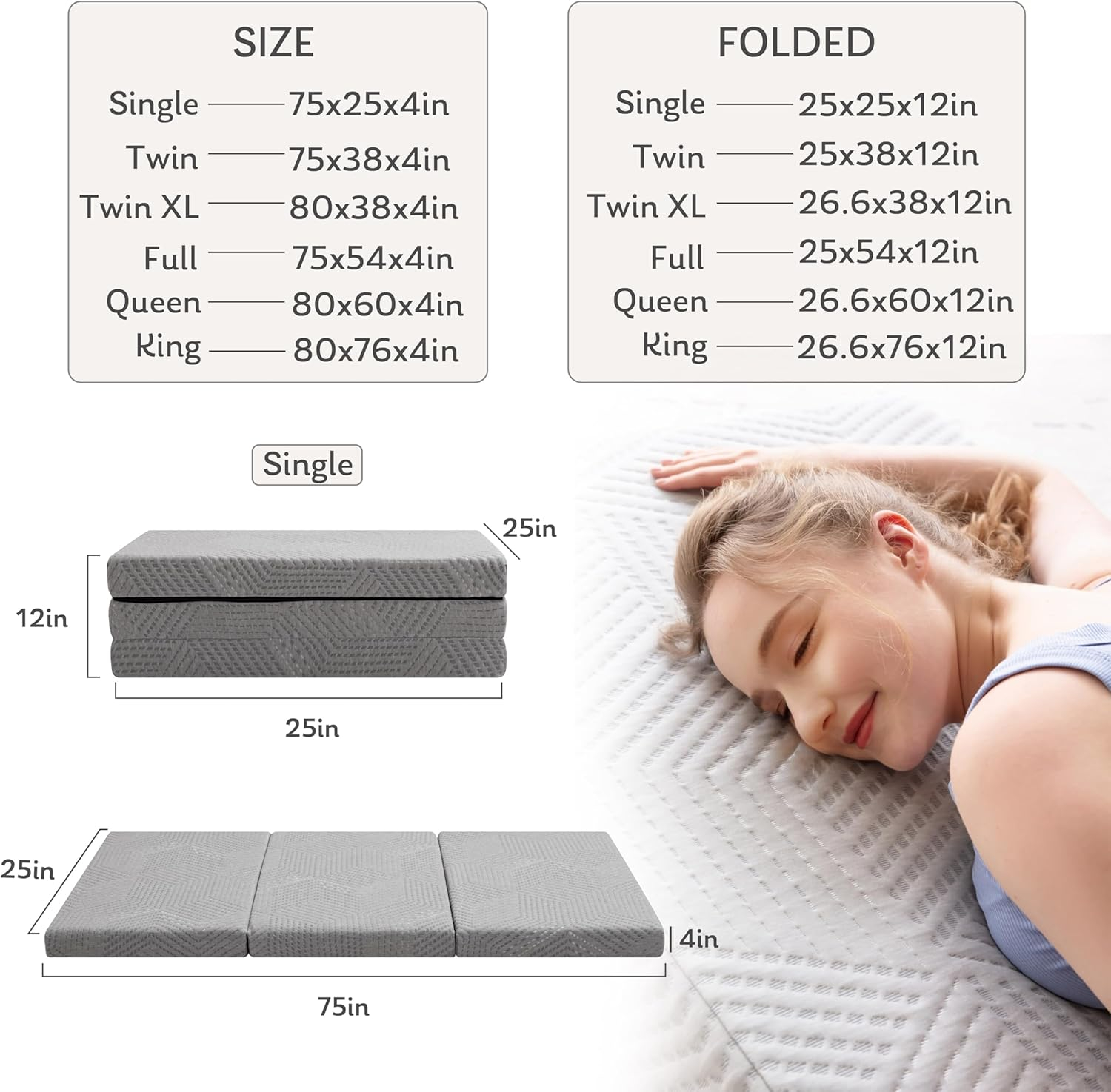 Tri-Fold Memory Foam Mattress, 4 inch Single Folding Mattress with Collapsible and Washable Cover, Travel and Guest Mat, 75"×25"×4", Grey