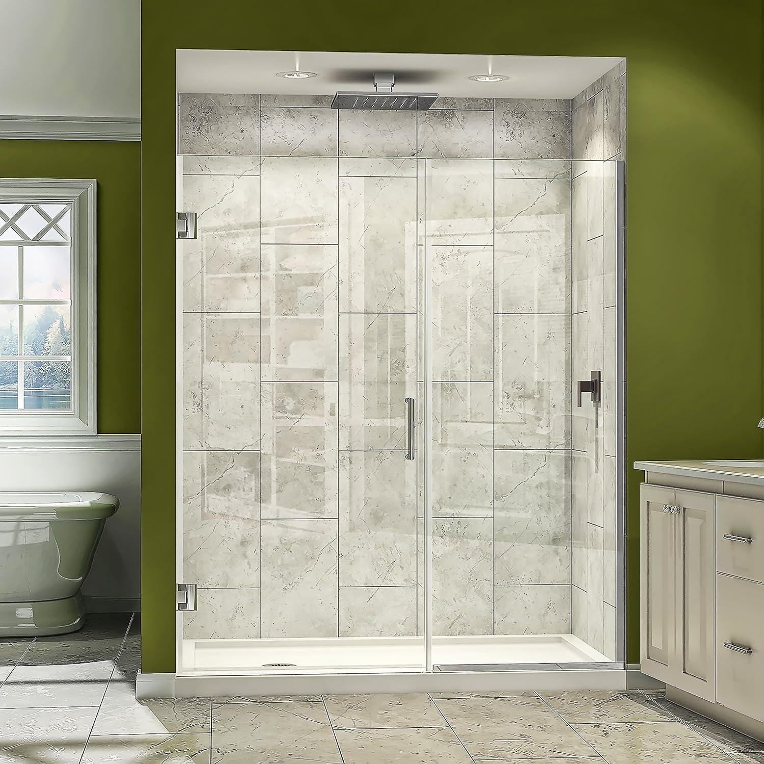 DreamLine Unidoor Plus Chrome 46-in to 46-1/2-in W x 72.0-Inches H Frameless Hinged Shower door 3/8-in Thick Clear Glass