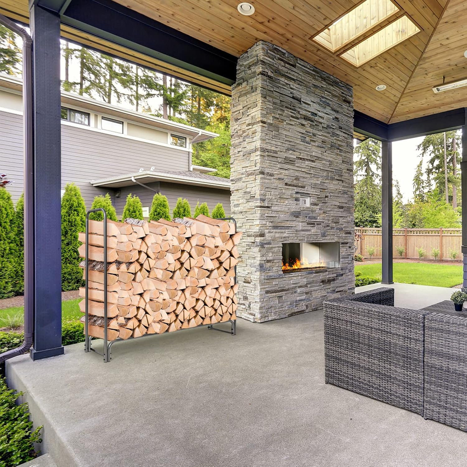 Goplus 5FT Firewood Rack Outdoor with Cover, Heavy Duty Firewood Log Holder, Waterproof Weather Resistant Fire Wood Rack Storage Stacker, Steel Tubular Log Stand for Fireplace, Patio, Courtyard