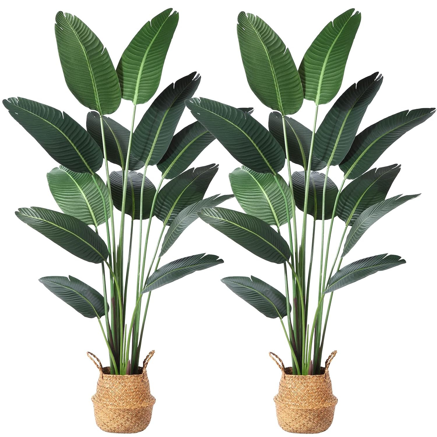 Artificial Bird of Paradise Plants 6 Ft Fake Tropical Palm Tree with 13 Trunks in Pot and Woven Seagrass Belly Basket Perfect Faux Plant for Home Indoor Outdoor Office Modern Decor Green 1Pc…