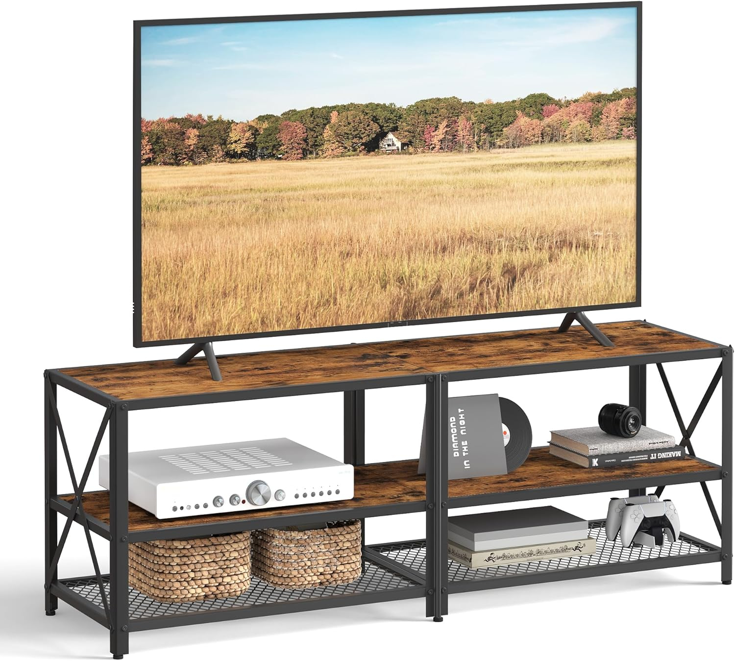 VASAGLE TV Stand for TV up to 60 Inches, Steel Frame, Rustic Brown and Black