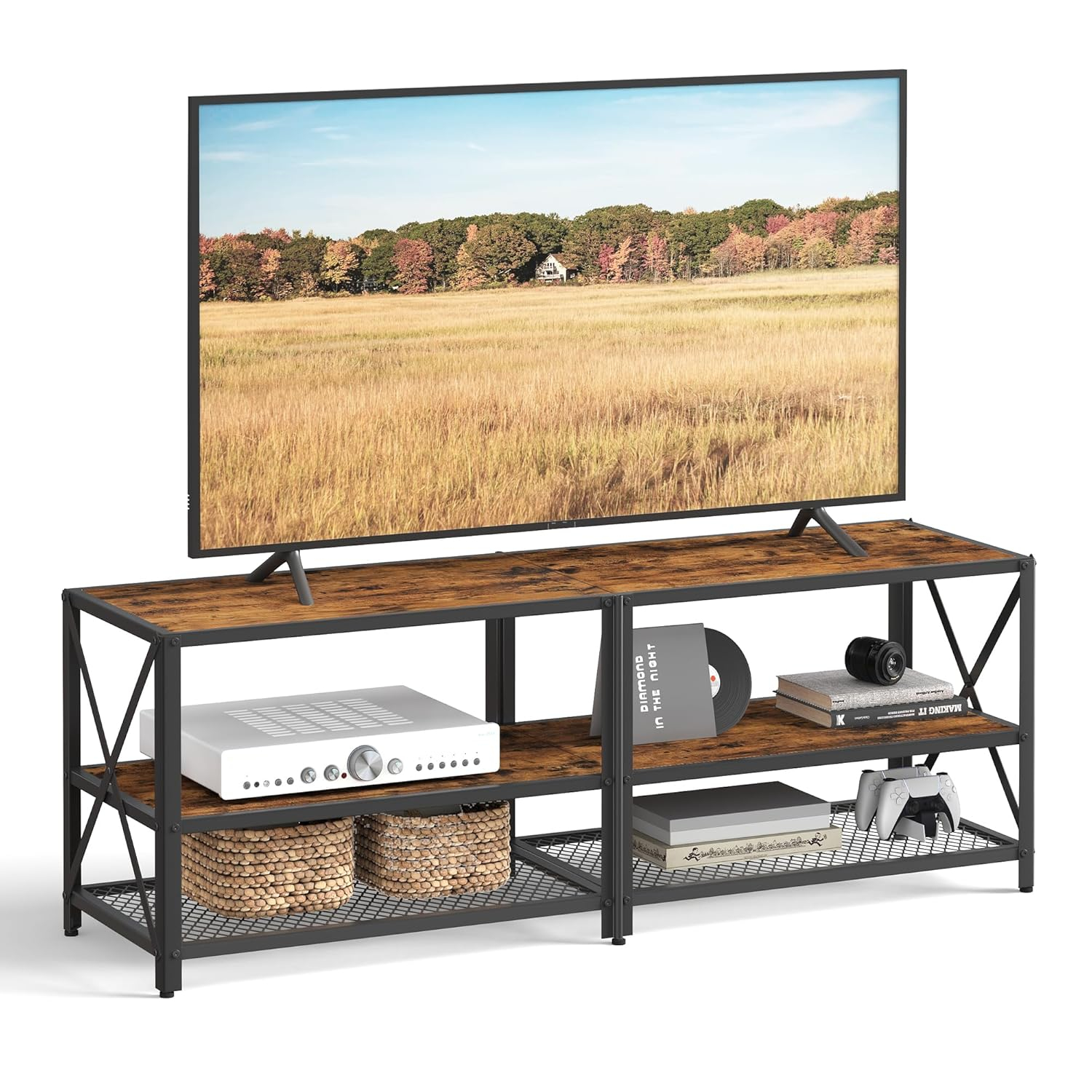 VASAGLE TV Stand for TV up to 60 Inches, Steel Frame, Rustic Brown and Black
