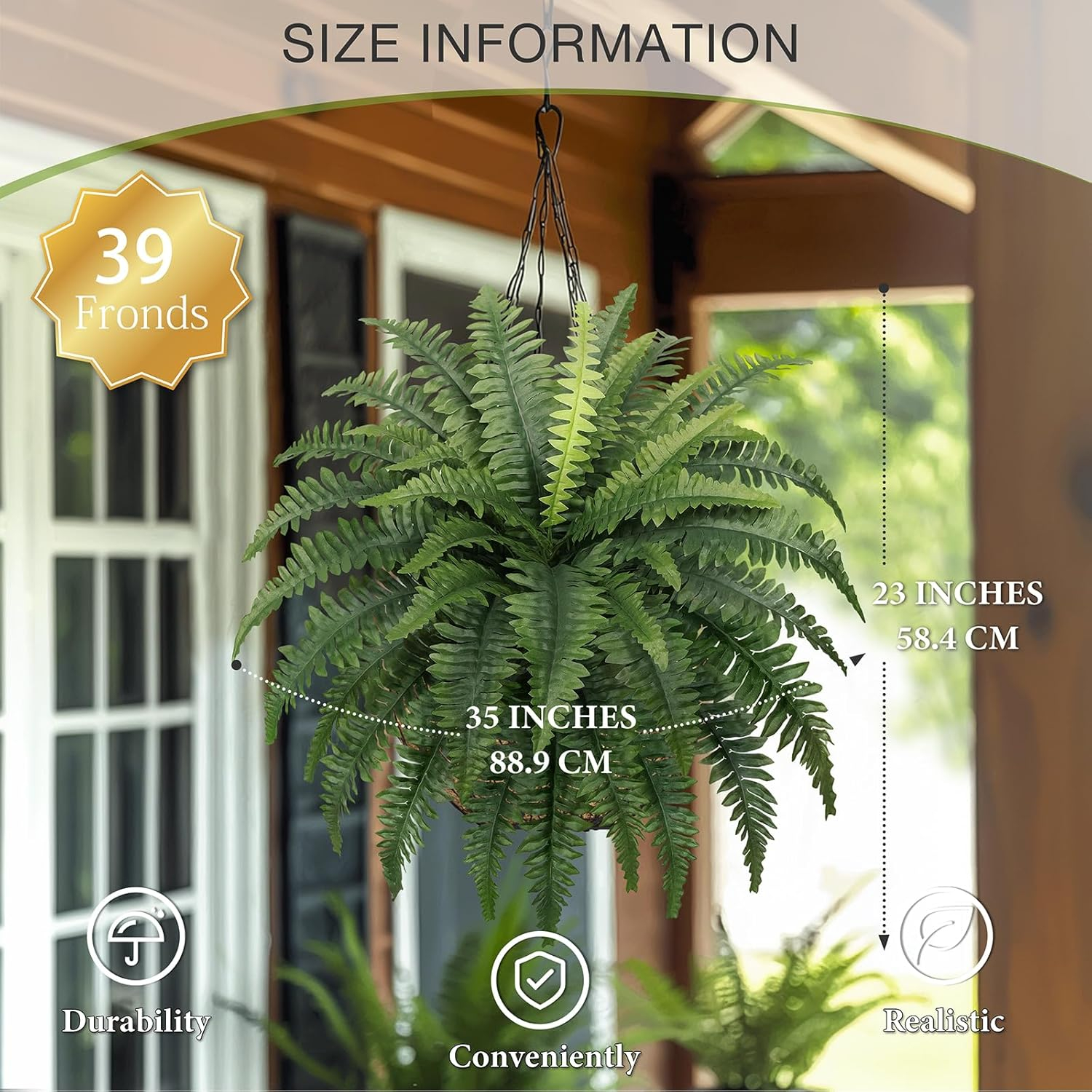 35" Ferns Artificial Bush Plants Large, 2 Artificial Boston Ferns with 39 Fronds for Outdoors Home Decor