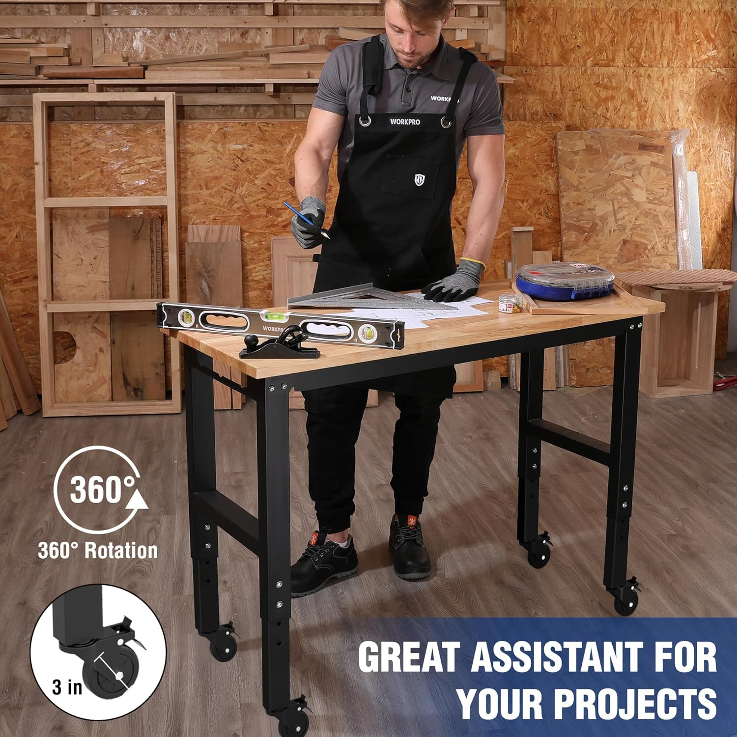 WORKPRO Garage Workbench, 48"X22" Adjustable Workbench with Wheels, Rubber Wood Top Heavy-Duty Workstation with Power Outlets, 1000 LBS Stationary Load Capacity, for Workshop, Garage