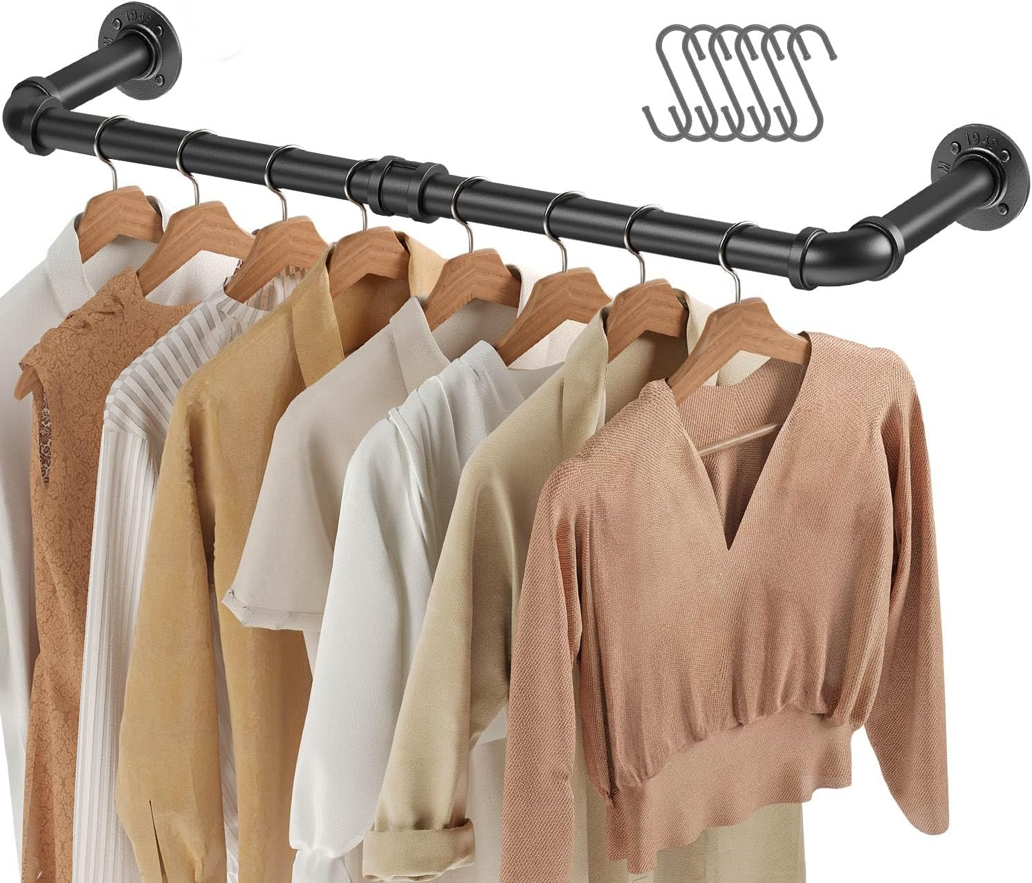 Greenstell Wall Mounted Clothes Rack, 36.2in Industrial Pipe Clothing Rack for Hanging Clothes, Space-Saving Closet Rod, Multi-Purpose Hanging Rod for Bedroom, Laundry Room, 2 Base (1 Pack)