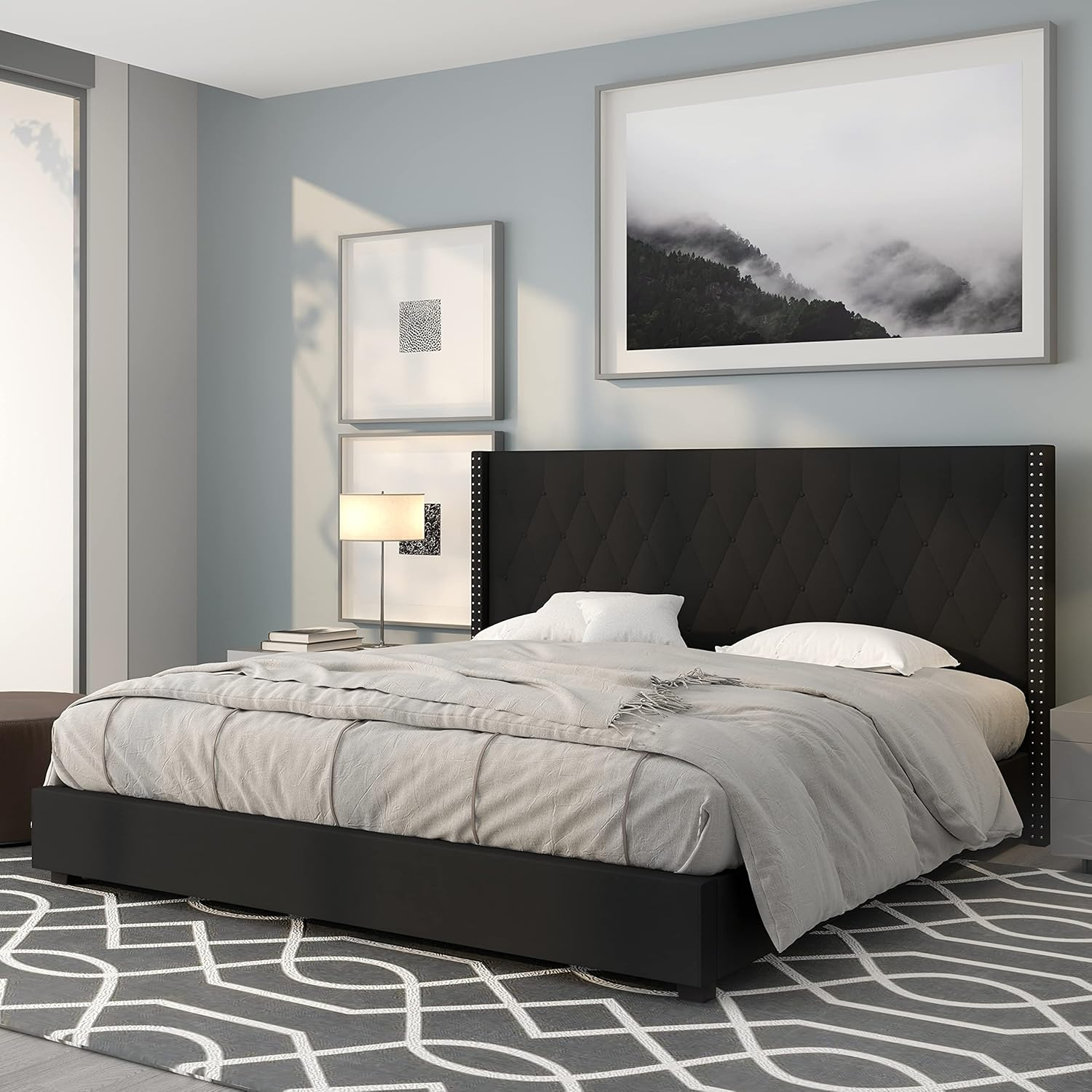 Riverdale Light Gray Tufted King Platform Bed with Nailhead Trim