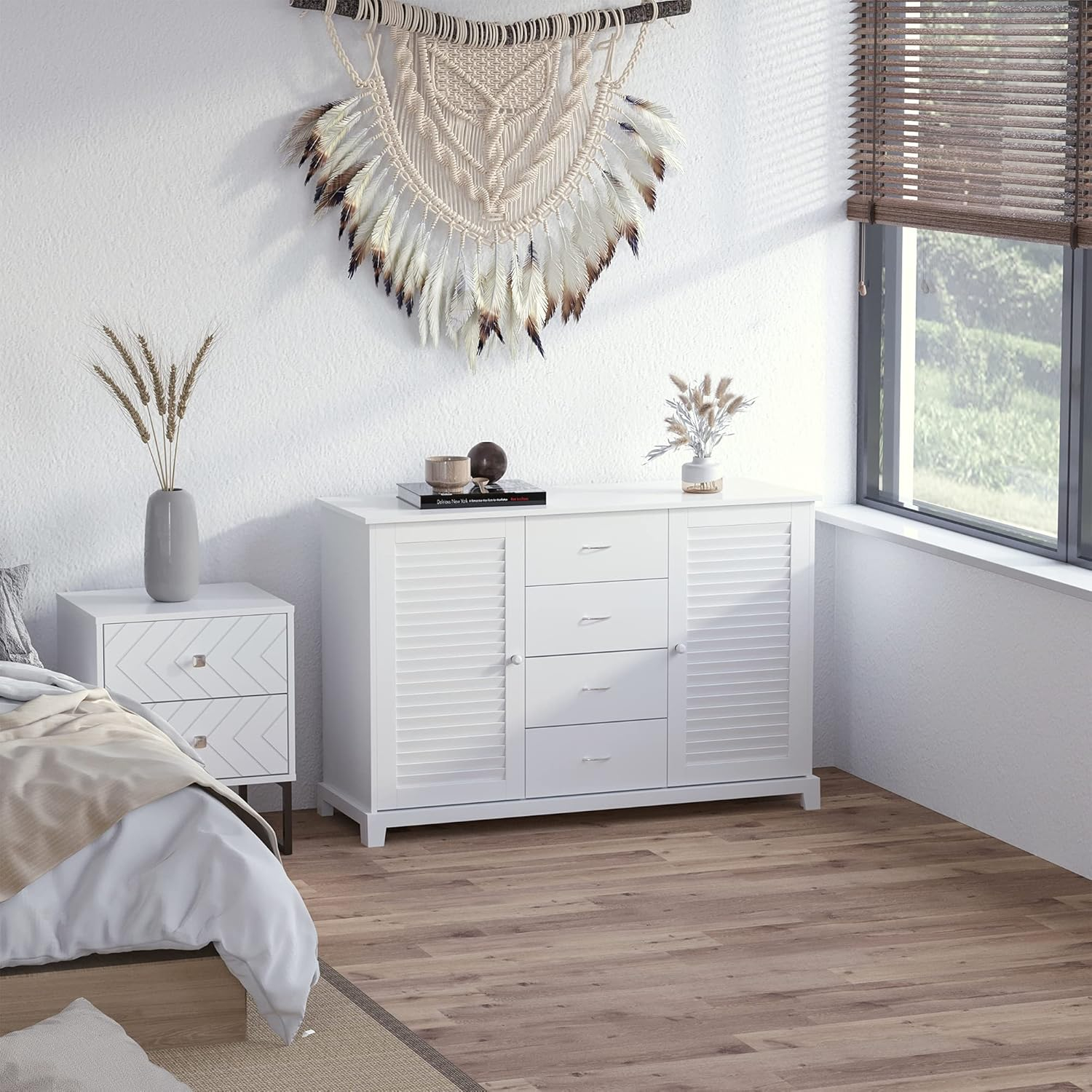 HOMCOM Sideboard Buffet Cabinet, Kitchen Cabinet, Coffee Bar Cabinet with 4 Drawers and 2 Louvered Doors for Living Room, Kitchen, White