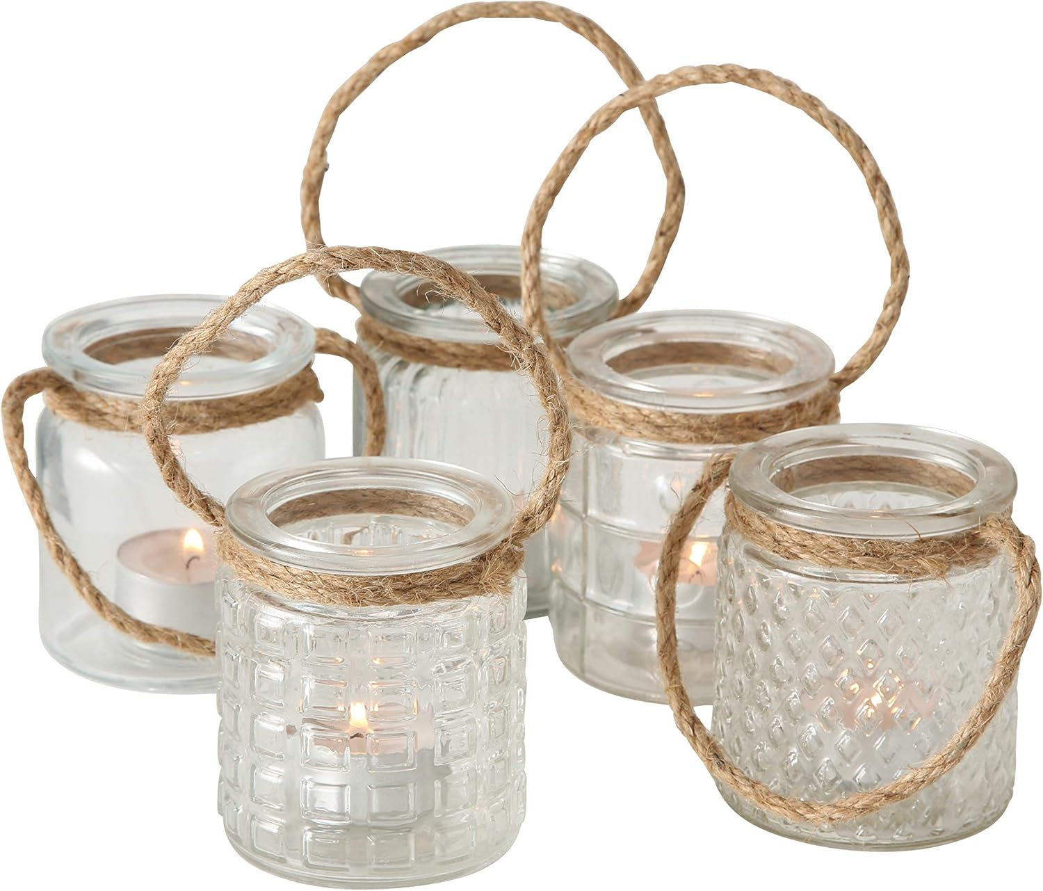 Beach Chic Nautical Rope Hurricane Lamps, Clear Glass Candle Holder, for LED or Wax Votive, Pillar or Tealights, Wind Light, Set of 5, 2 3/4 x 2 3/4 x 3 1/2 Inches